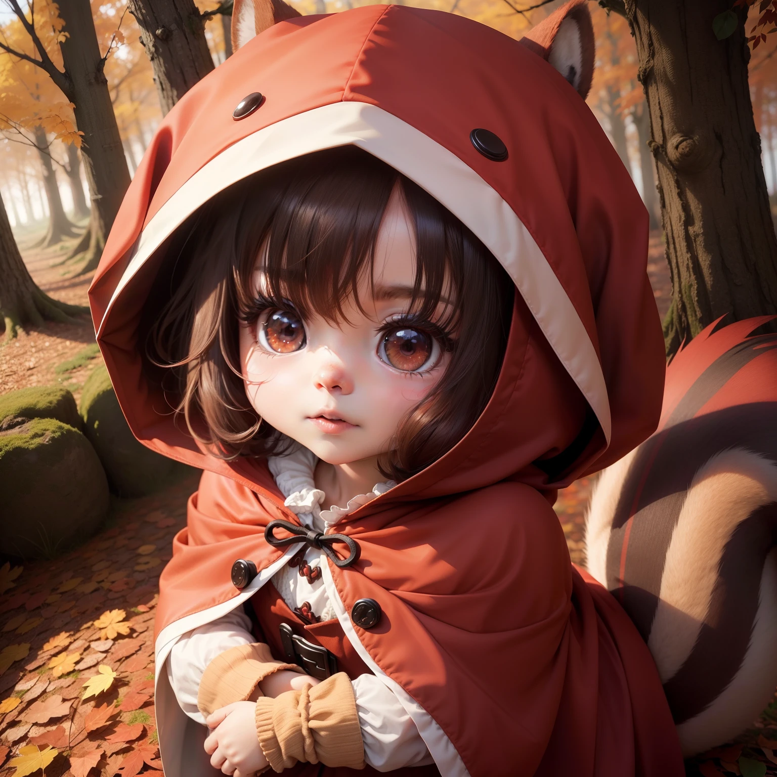 Cute Chibi Anime, a face resembling Little Red Riding Hood,autumn forest,a squirrel