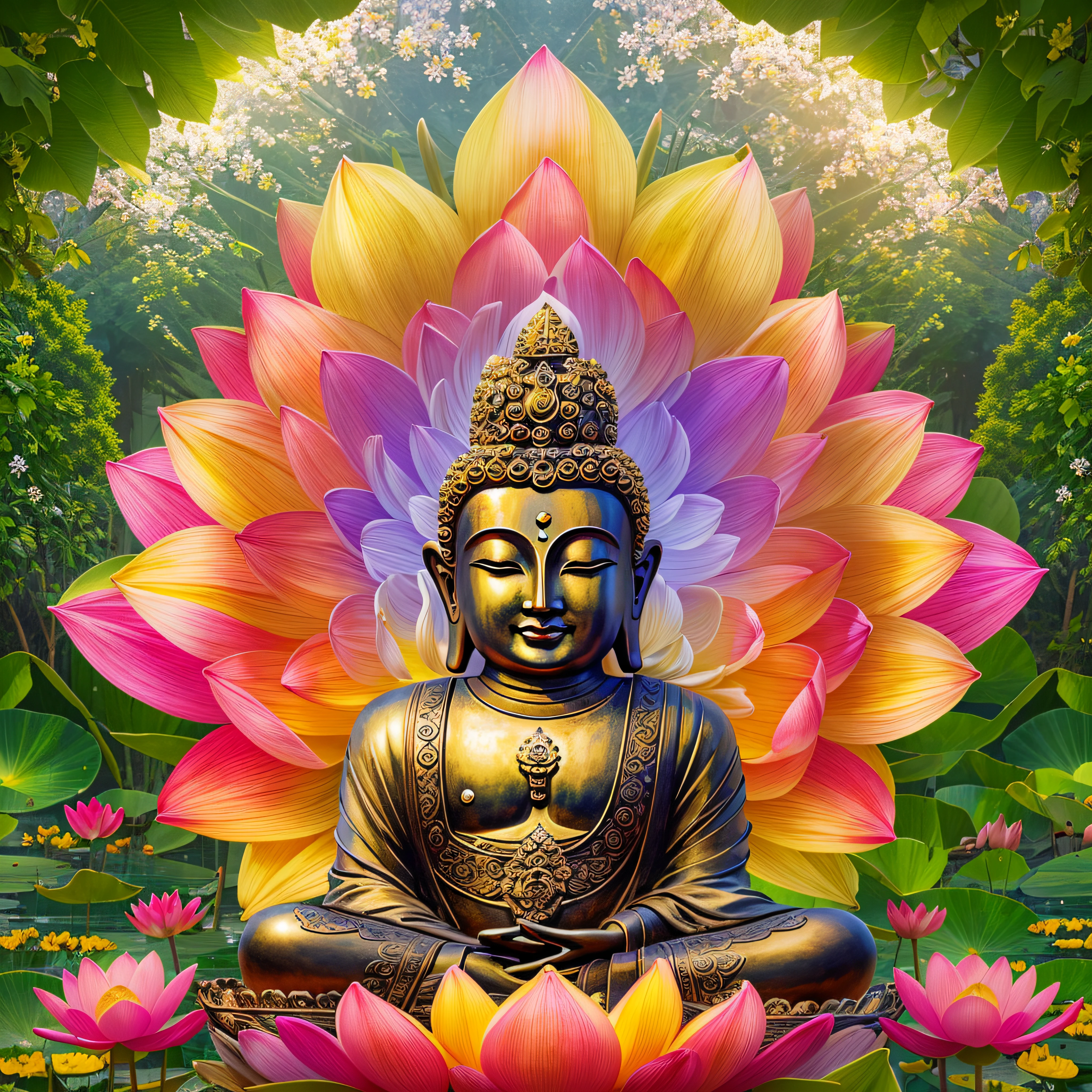 "Generate a realistic depiction of Buddha with a golden aura around him sitting on a giant lotus flower symmetrical in the colors of the rainbow, It is in the middle of a garden with many flowers and colors, com flores coloridas ao redor e luz suave iluminando seu rosto." High Definition Image, detalhamento alto e estilo fotorrealismo. Imagem com pelo menos 300 dpi, UHD 8k