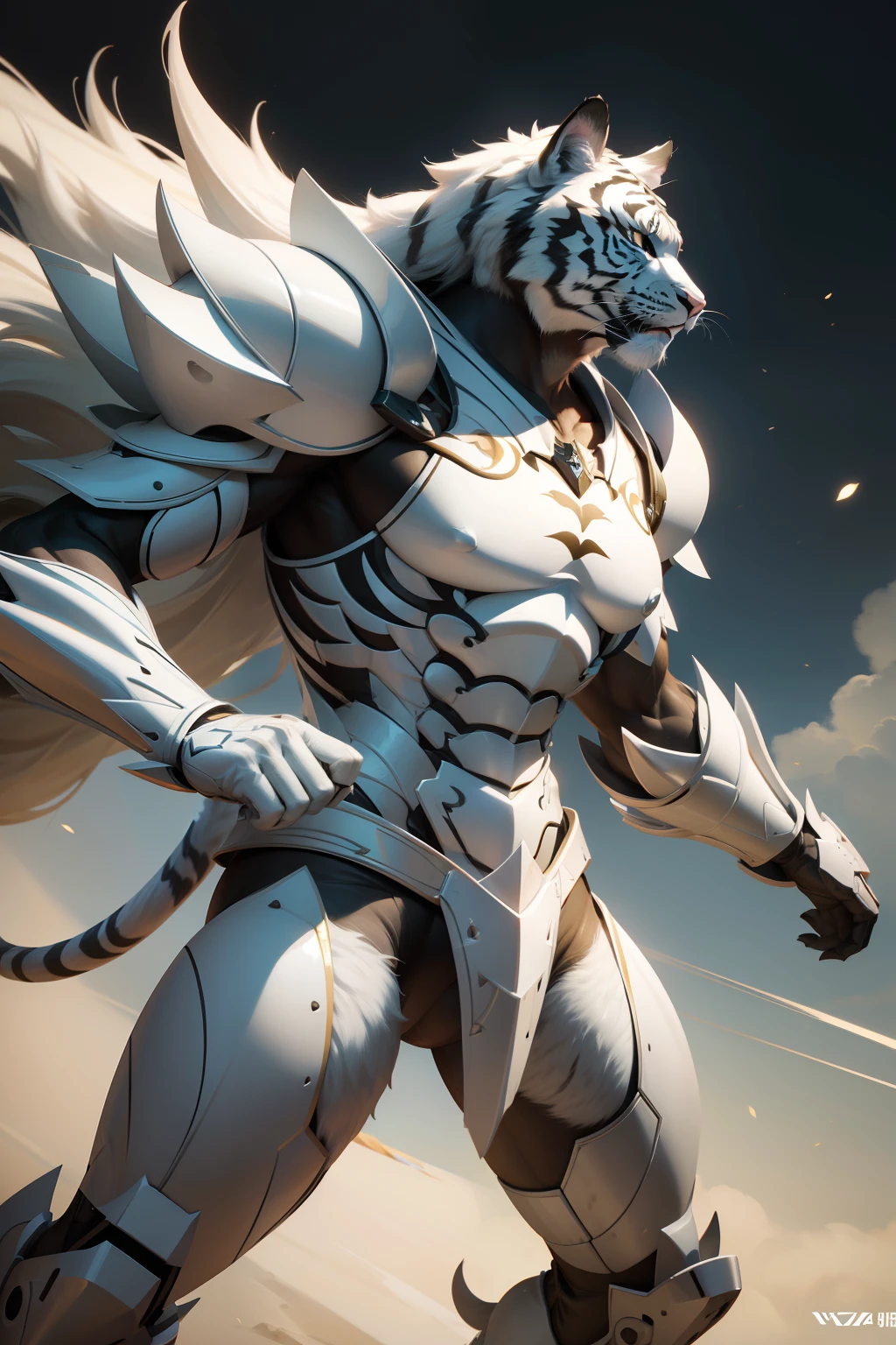 Super cute furry white tiger warrior in armor、realisitic、4K、ultra-detailliert、 vray rendered、unrealengine、Mid-Journey Art Style