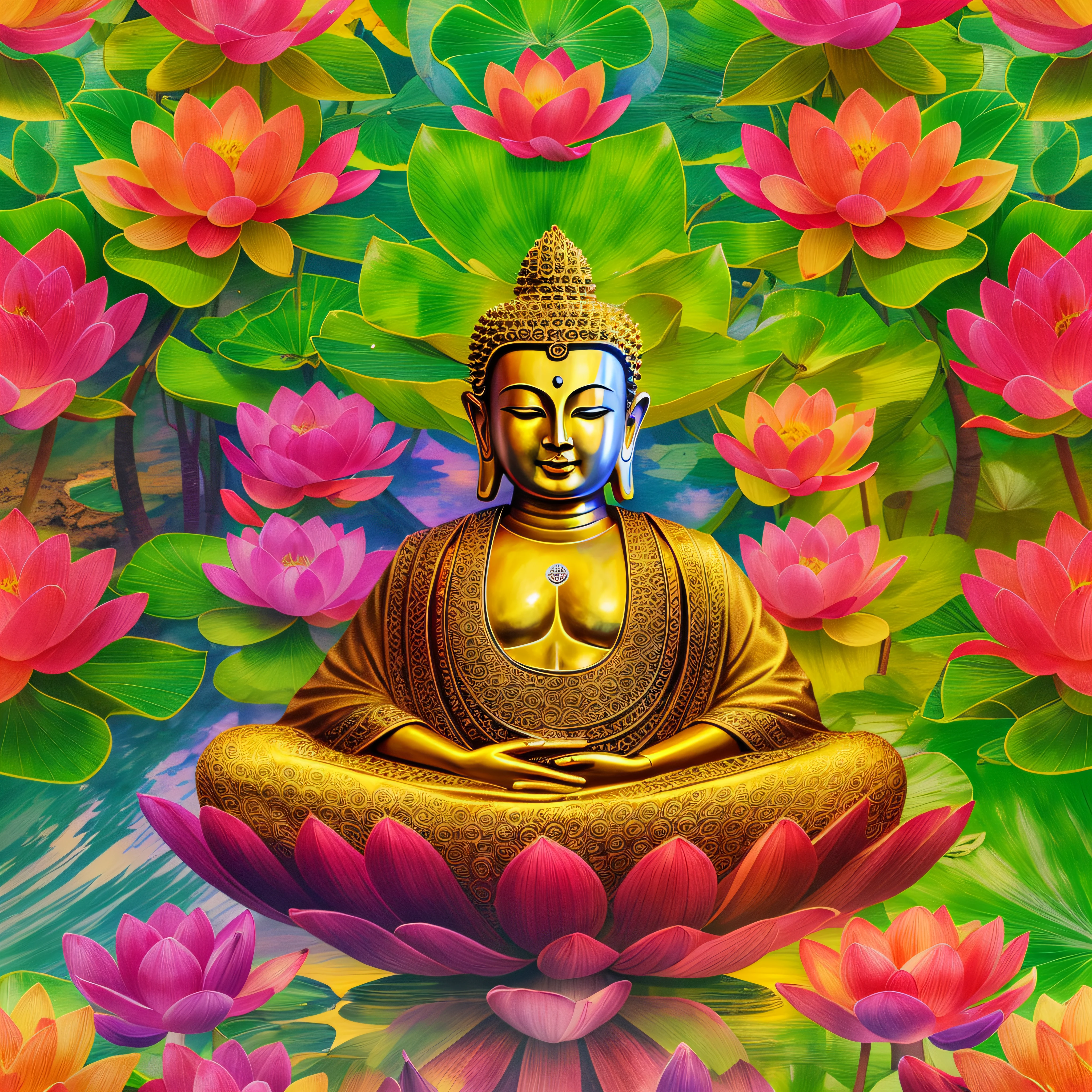 "Generate a realistic depiction of Buddha with a golden aura around him sitting on a giant lotus flower symmetrical in the colors of the rainbow, It is in the middle of a garden with many flowers and colors, com flores coloridas ao redor e luz suave iluminando seu rosto." High Definition Image, detalhamento alto e estilo fotorrealismo. Imagem com pelo menos 300 dpi, UHD 8k
