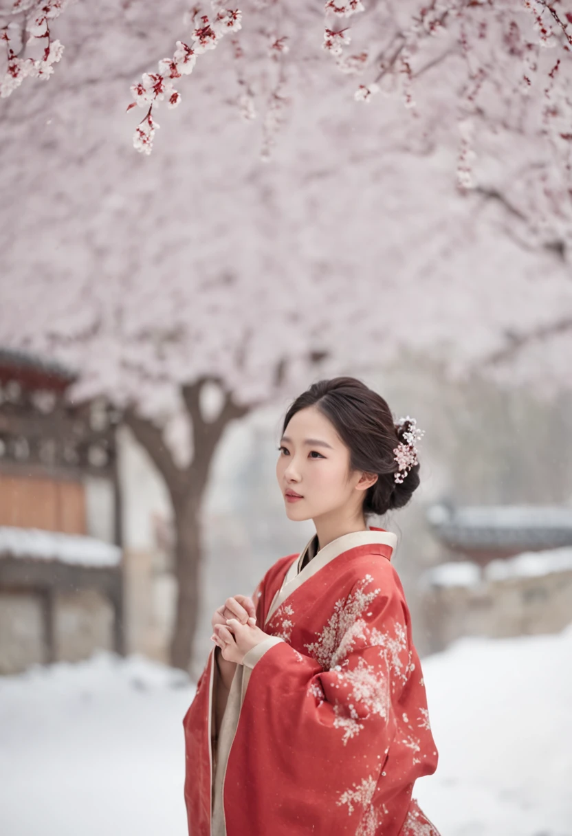 (Blurred foreground:A large number of snowflakes fell from the sky:1.8,),(A large number of plum blossoms fell from the sky:1.6),(Chinese Song Dynasty beauty dancing in skirt),(anatomy correct,Korean star face,The hands and face are very delicate and clear),(Stand in the middle of a quaint courtyard,Plum tree,Chinese elements,Winter clothing),(wide angles,Ultra HD details,Masterpiece, hyper HD, Super detail, High details, Best quality, A high resolution, Award-Awarded, 8K),(Chinese premium color scheme,电影灯光)