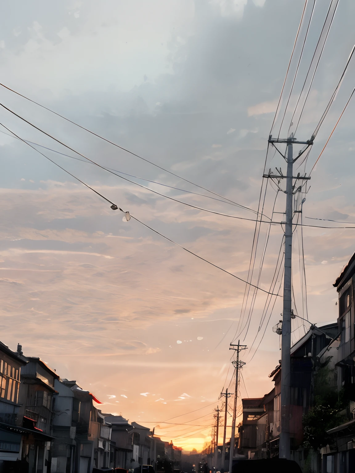 There is a street with cars,There are also kites flying in the sky, wires hanging above street, wires flying in the air, telephone wires, powerlines, In the evening, Power lines, during dawn, overhead wires, early evening, summer morning, sky setting, late summer evening, wires and lights, evening at dusk, sunset ligthing, wires everywhere, telephone poles