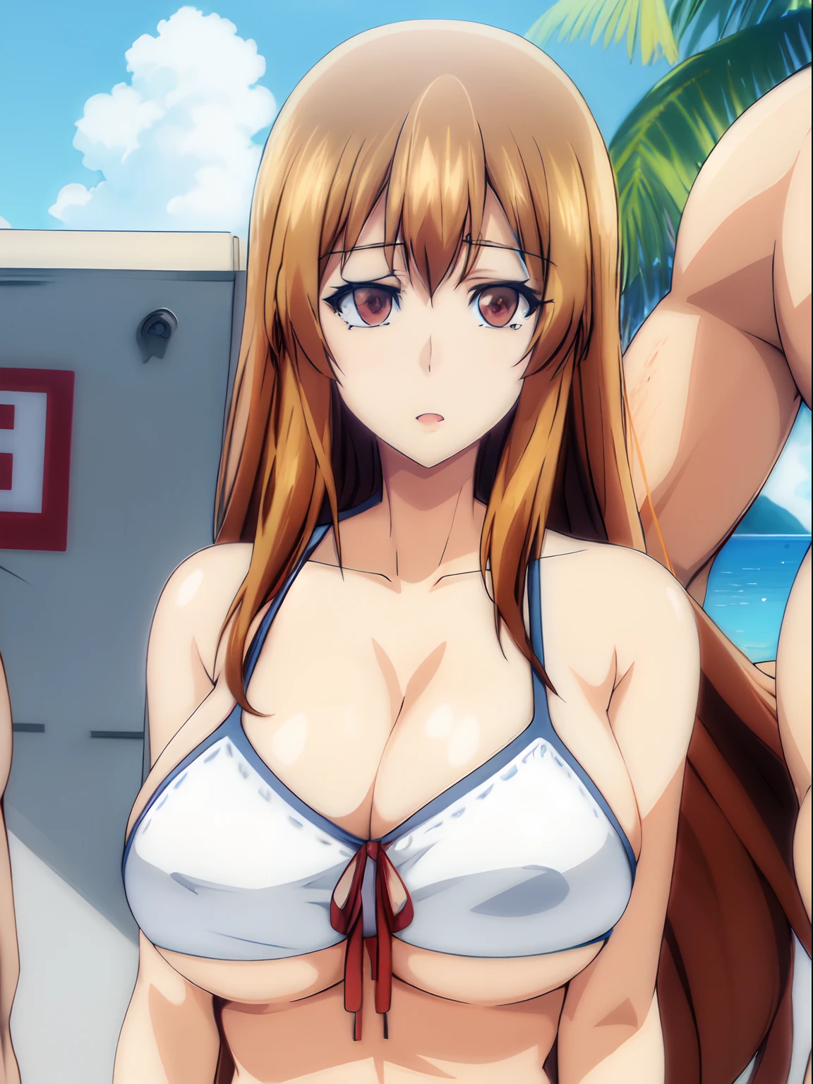 1 women, brown eyes, brown hair, detailed eyes, detailed face, (huge tits), masterpiece, 4k, at beach, upper body, close up face, busty, long hair, swimsuit,