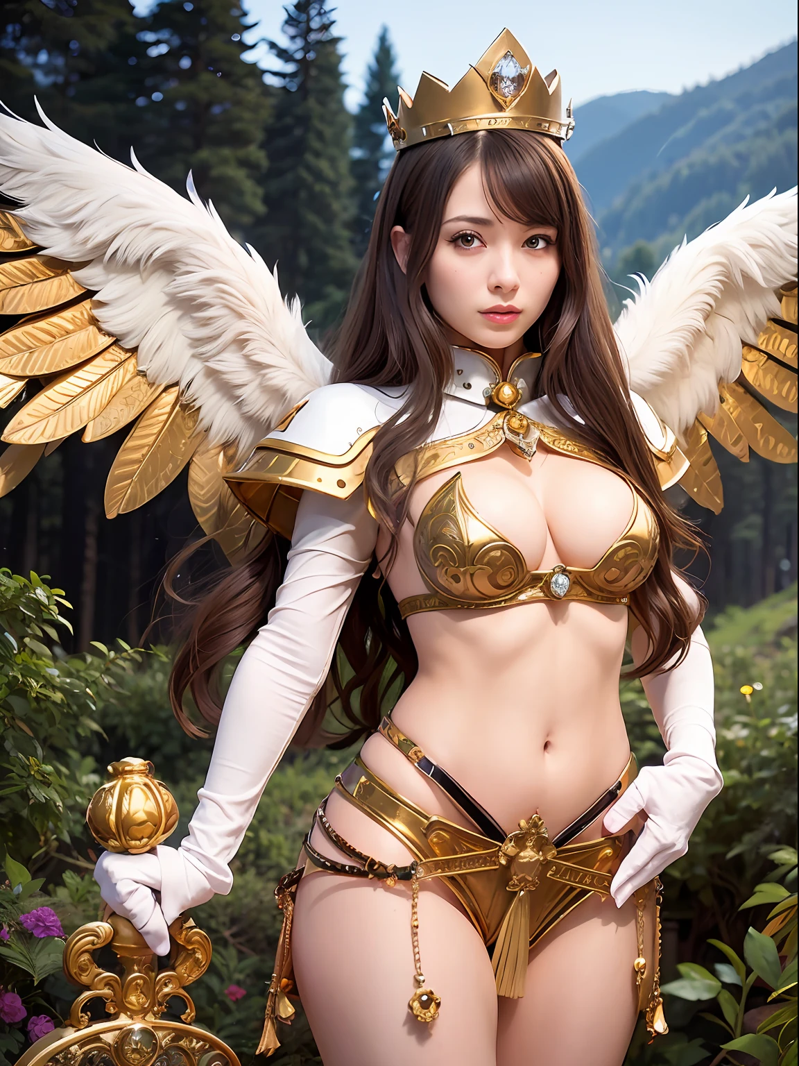 (masutepiece), Professional , masterpiece、top-quality、photos realistic , depth of fields 、(Wind element),tornado,Lightning,(Gemstone Silver Metal Body:1.9),(Matte White、(Gangle's forest background),(Brown hair long straight)、Jewel Gold Weapon、(Castle background),Gorgeous metal weapons,(Detailed and realistic angel white wings) , Detailed Sword of the Brave , Beautiful knife 、delicated face、20 years girl ,warhammer 40k , adepta sororitas,Detail and ornate jewel crown、a blond、(Gangle's forest background)、Beautiful Caucasian beauty、1a person、dynamic ungle,(((Detailed and ornate diamond crown)))、Smaller head、A smile、Pose Seductive、Beautiful thin fingers of a woman、cleavage of the breast、Beautiful ass、Toostock、an legs、Armpit、