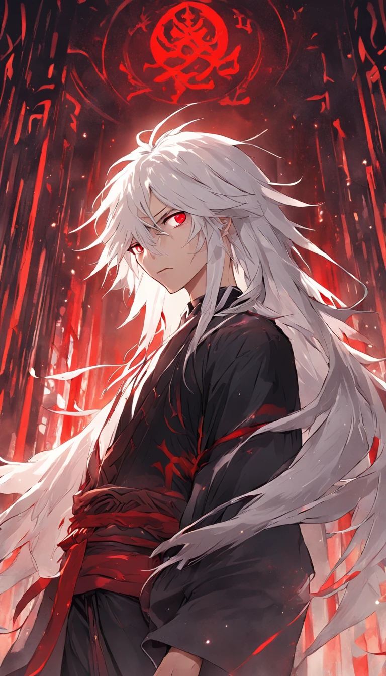 (masterpiece, illustration, anime:1.3), anime boy, Red Eyes, long white hair, oriental elements, in the dark, (classic black attire:1.2), standing inside a temple at night, (messy white hair:1.1), (red eyes emitting red light:1.2), (calm expression:1.1), (uncovered eyes:1.1), (powerful presence:1.2), (mystical atmosphere:1.2), (subtle moonlight:1.1), (intricate temple architecture:1.2), (ominous shadows:1.1), (flowing robes:1.1), (detailed folds and creases:1.1), (intense blue aura:1.2), (symbols of power surrounding him:1.1), (magical energy radiating:1.2), (spellcasting gestures:1.1), (mysterious artifacts:1.1), (ethereal particles:1.1), (dynamic pose:1.2), (epic soundtrack:1.2), (sense of awe:1.1), (magical prowess:1.1)