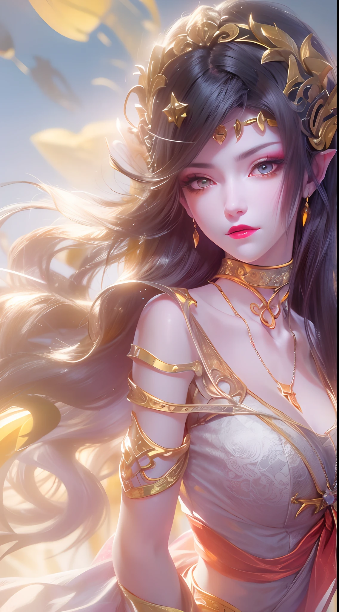 1 20 year old girl, 1 goddess Athena, pink purple silk dress, beautiful goddess Athena face without blemishes, delicate yellow nightgown, long thin sequin nightgown with many sexy black lace details, 1 beautiful thin red silk cloth half veil, female saint legend, female saint icon, beautiful goddess style glitter, dark and mysterious version, vermilion lips, plump red lips, not smiling, mouth closed, delicate and beautiful pino detailing, delicate and beautiful lip detail, , (pure and flawless face: 1.9), female saint body, round chest, big and round breasts, phoenix brooch, long flat bangs, (7-color rainbow hair: 1.9), flower stickers tattoo on forehead, beautiful clear face and well-proportioned eyes, (transparent yellow eyes: 1.8), (big round eyes and makeup, sexy wet eye makeup, very beautiful and meticulous hair makeup, long and delicate blonde hair, delicate, body image: 1.8), figure: and vivid, (stars that make up the sky: 1.7), (the sky of heaven and the fictitious gate of time and space: 1.8), fictional art, RAW photos, hanfu photos, best photos, high resolution, best quality, best photos, best goddess quality, 8k female, super 8 single saint portraits, truest color schemes, masterpieces, best beauty brands, best hair jewelry, brand real photo, dark studio, border light, two-tone lighting, (rose white skin: 1.4), (high skin detail: 1.1), 8k uhd, d slr, soft light, 8k, high quality, candid, volume Smooth and sharp, 10x pixel increase, sexy goddess, sexy goddess, (background space: 1.8), (most beautiful aurora eyes: 1.7), beautiful eyes, aurora beautiful and flowery, (beautiful single girl: 1.8), (more details:0.8),