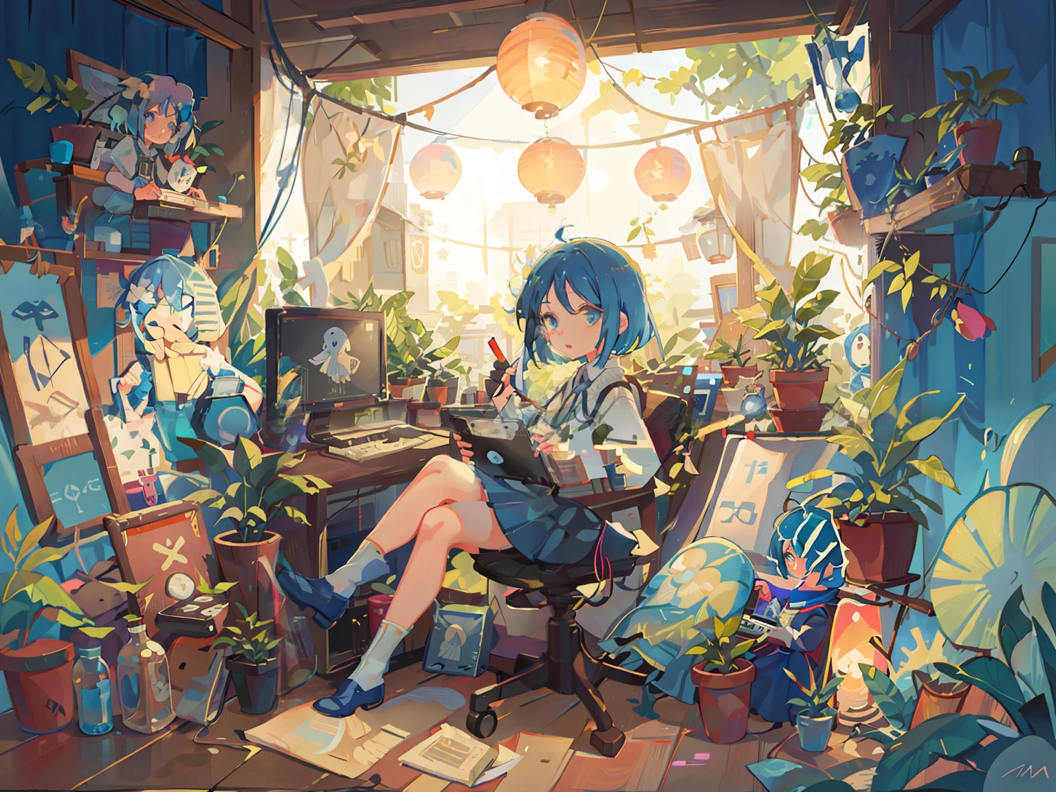 1girl, solo, short hair, blue eyes, blue skirt, blue hair, full body, sitting, looking at viewer, plants on background, hanging lanterns, computer monitor, girl in a screen, girl in a computer monitor, wood floor, pot plants, light particles, mushrooms, cables, keyboard, bottles