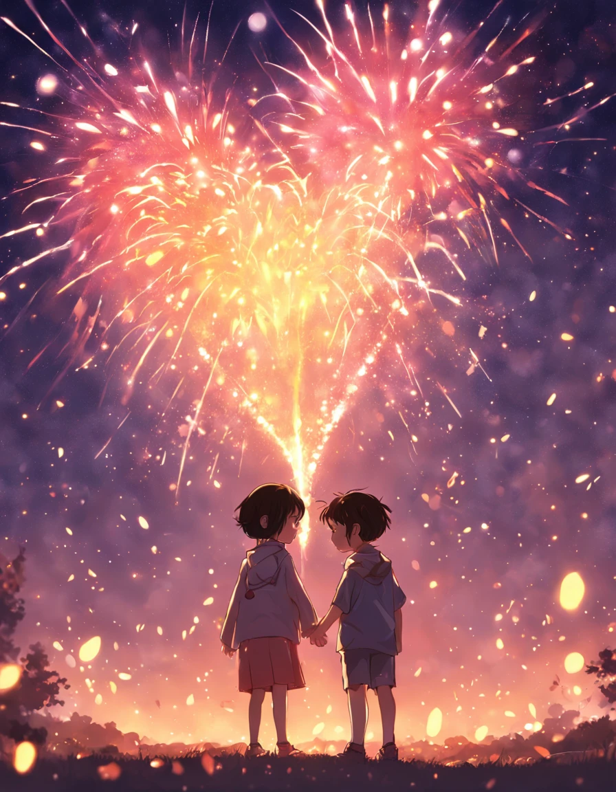 the night,Colorful,Fireworks all over the sky,Heart-shaped bubbles, couples,Cartoony,Chubby littl and little boy g each other,Glowing fireflies around,,Cute and cute,KIDS ILLUSTRATION,Glow effects,Dingdall effect,depth of fields,high light,Real light,Ray traching,oc rendered,Hyper-realistic,best qualtiy,8K,Works of masters,super-fine,Detailed pubic hair,Correct anatomy,sharp focus on eyes,Bokeh,Facial features are carefully depicted
Couple avatar