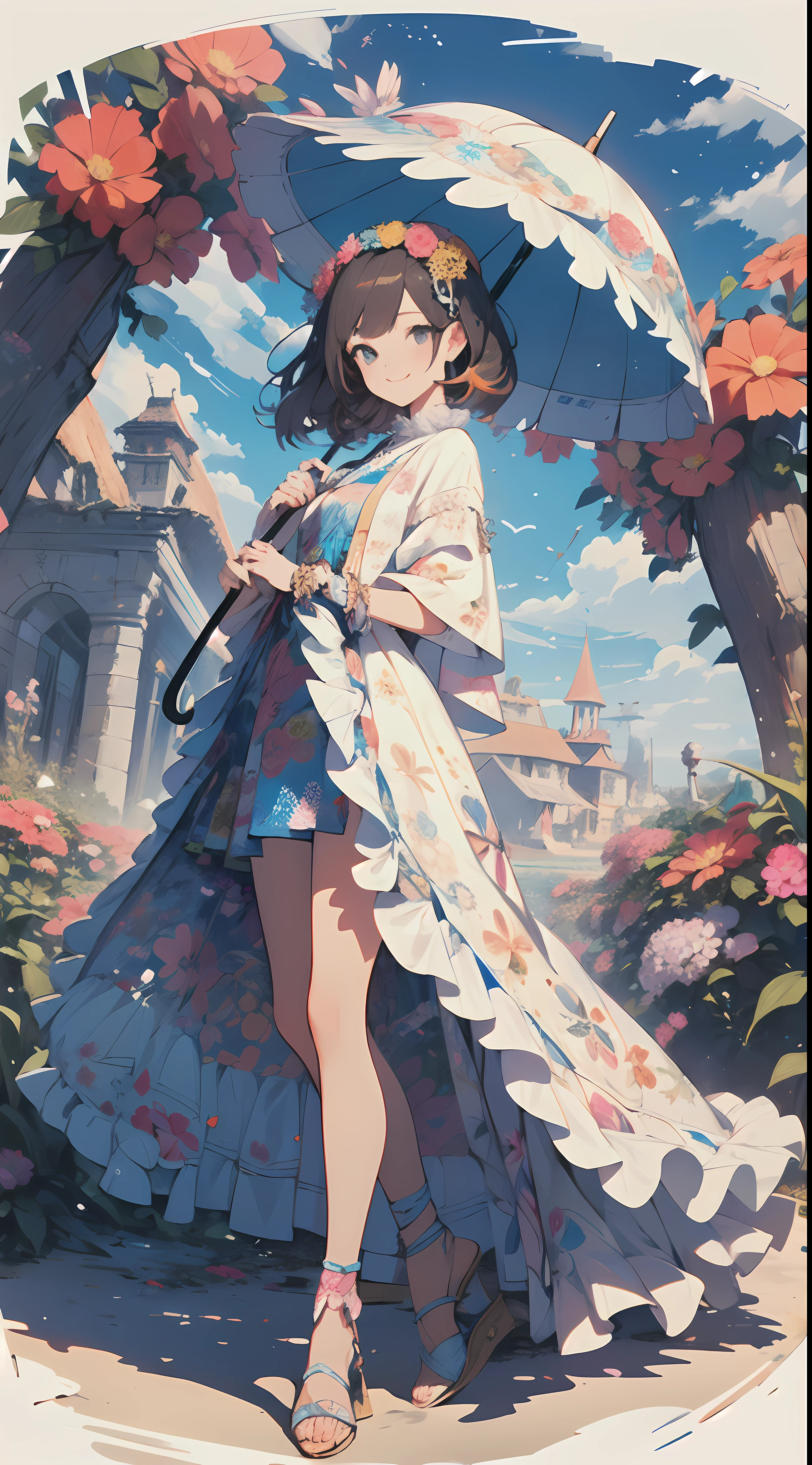 ((flowercrown),((beach parasol)),innocent smiles、eye glass、veranda、ancient city、(1 girl, Solo:1.6),(Cute smile),(Clothes are simple), (Best Impact:1.5), (maximalism:1.7), Vivid contrast, (Realistic), hyperrealistic illustrations, hight resolution, ultra-detailliert, absurderes,(Fractal Art:1.3)、Random hairstyle、Random hair color colorful、FULL BODYSHOT、Retro、Precise focus、randome pose、cinema4d、Drama