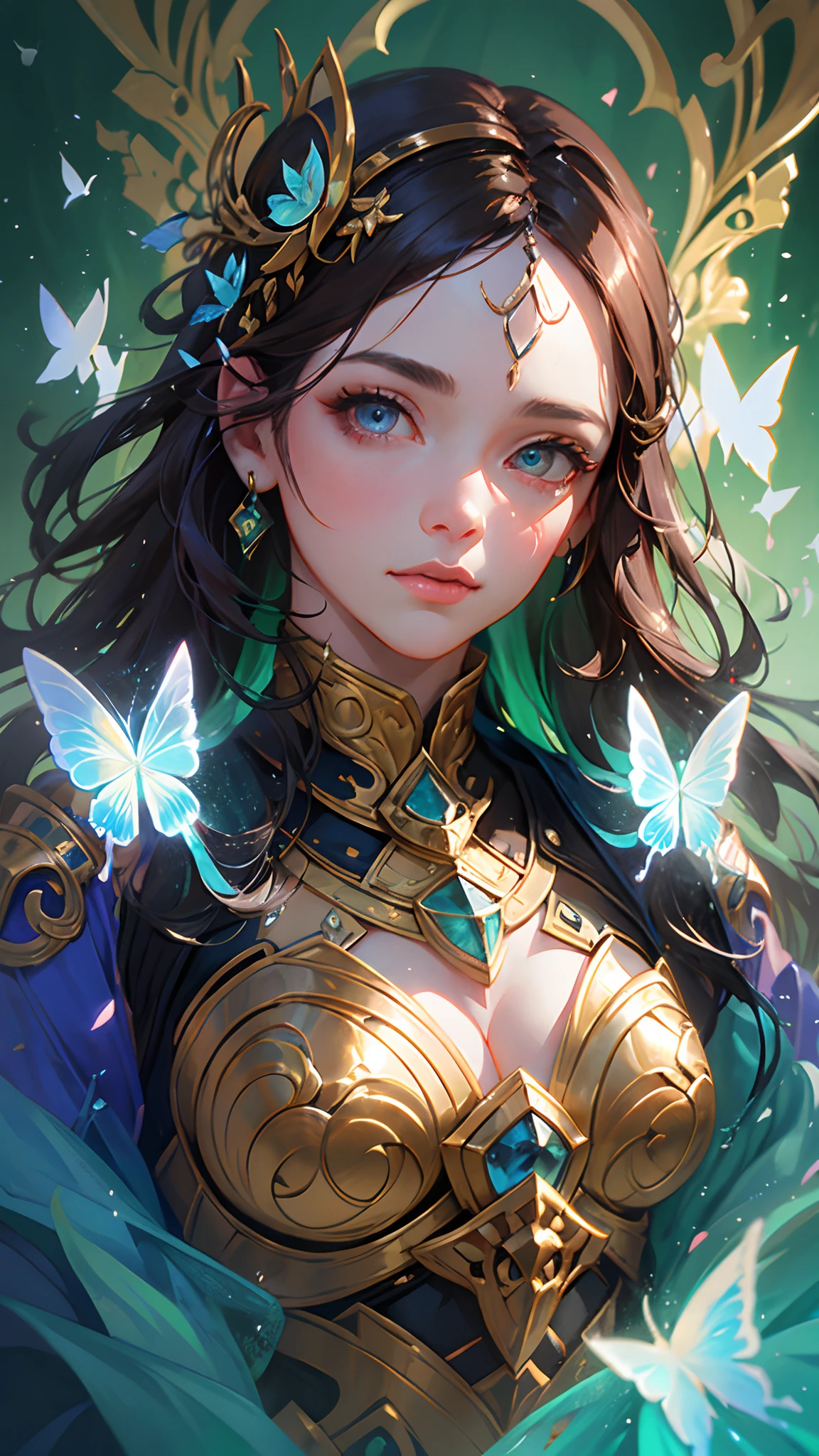 full bodyesbian,8k portrait of beautiful cyborg with brown hair, Intricate, elegant, Highly detailed, Majestic, Digital photography, art by artgerm and ruan jia and greg rutkowski surreal painting gold butterfly filigree, Broken glass, (Masterpiece, side-lighting, fine detailed beautiful eyes: 1.2), hdr, (Detailed background window for the new dimension, plants and flowers:0.7) unlimited, Infinity symbol,