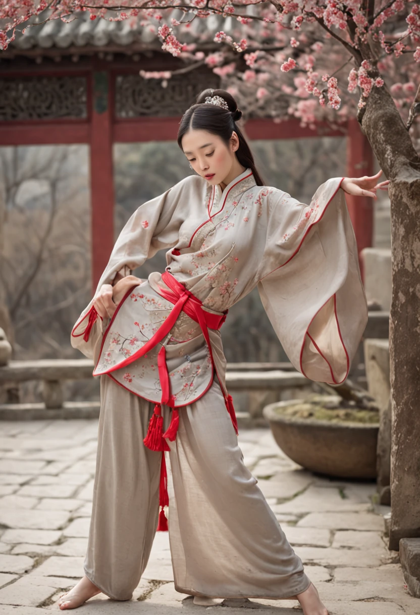 A Chinese Song Dynasty beauty in pants is dancing,The hands and face of this beauty are very delicate and clear。Stand in the middle of an antique courtyard,Plum blossoms fall with snowflakes,Morandi colors,电影灯光,wide angles,Ultra HD details,8K
