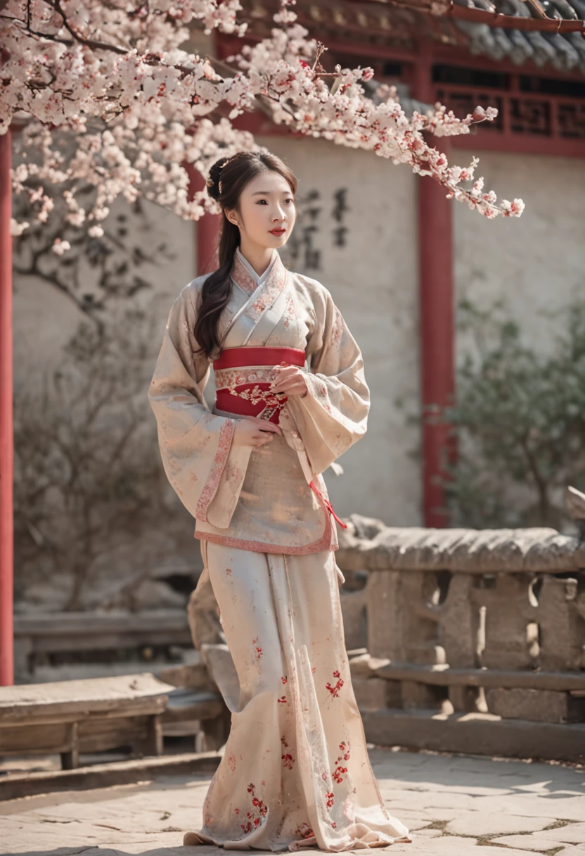 A Chinese Song Dynasty beauty in pants is dancing,The hands and face of this beauty are very delicate and clear。Stand in the middle of an antique courtyard,Plum blossoms fall with snowflakes,Morandi colors,电影灯光,wide angles,Ultra HD details,8K