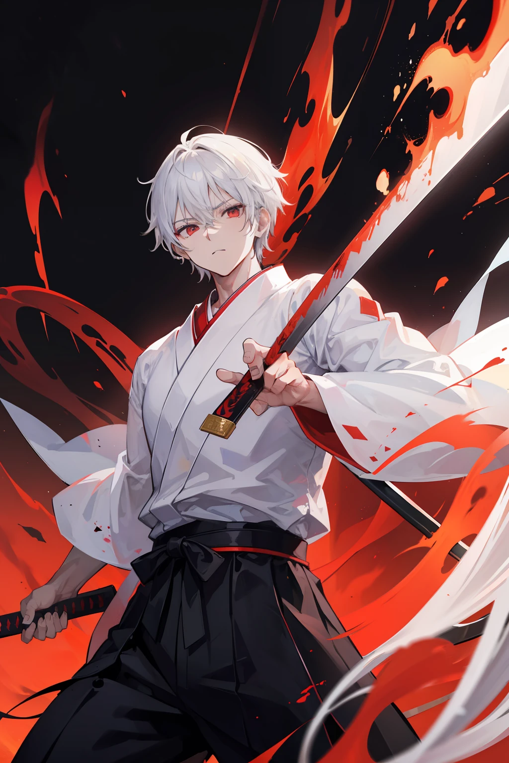 Male, Crystal red eyes, white hair, white clothes blood all over his suit, holding a knife, smiling, solo