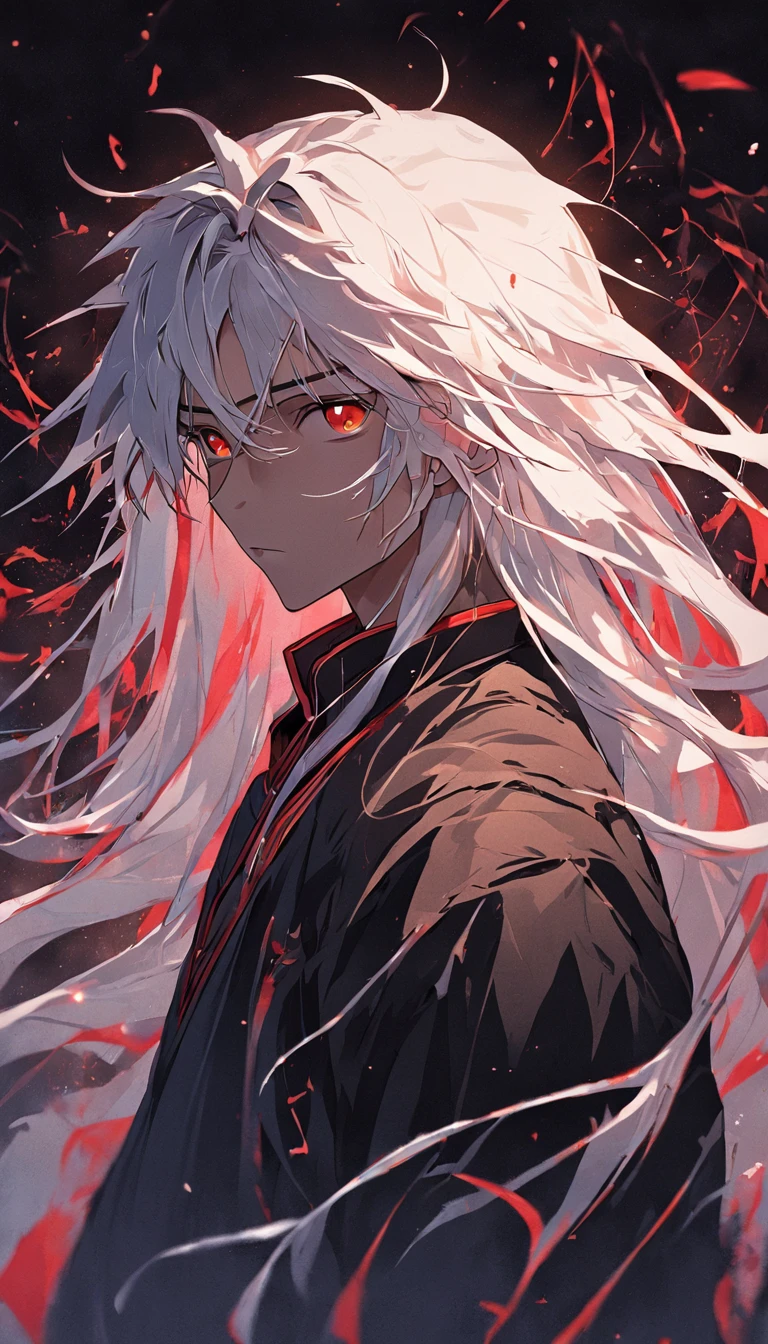 (black background:1.4),(Silhouette of a boy head, Red Eyes, colorfull long white hair, Oriental elements, in the dark),(Chinese illustration:1.3,paper art:1.3, Quilted paper art:1.2),( reasonable design, Clear lines, High sharpness,Best quality, Very detailed, Masterpiece, movie light effect, 4K )