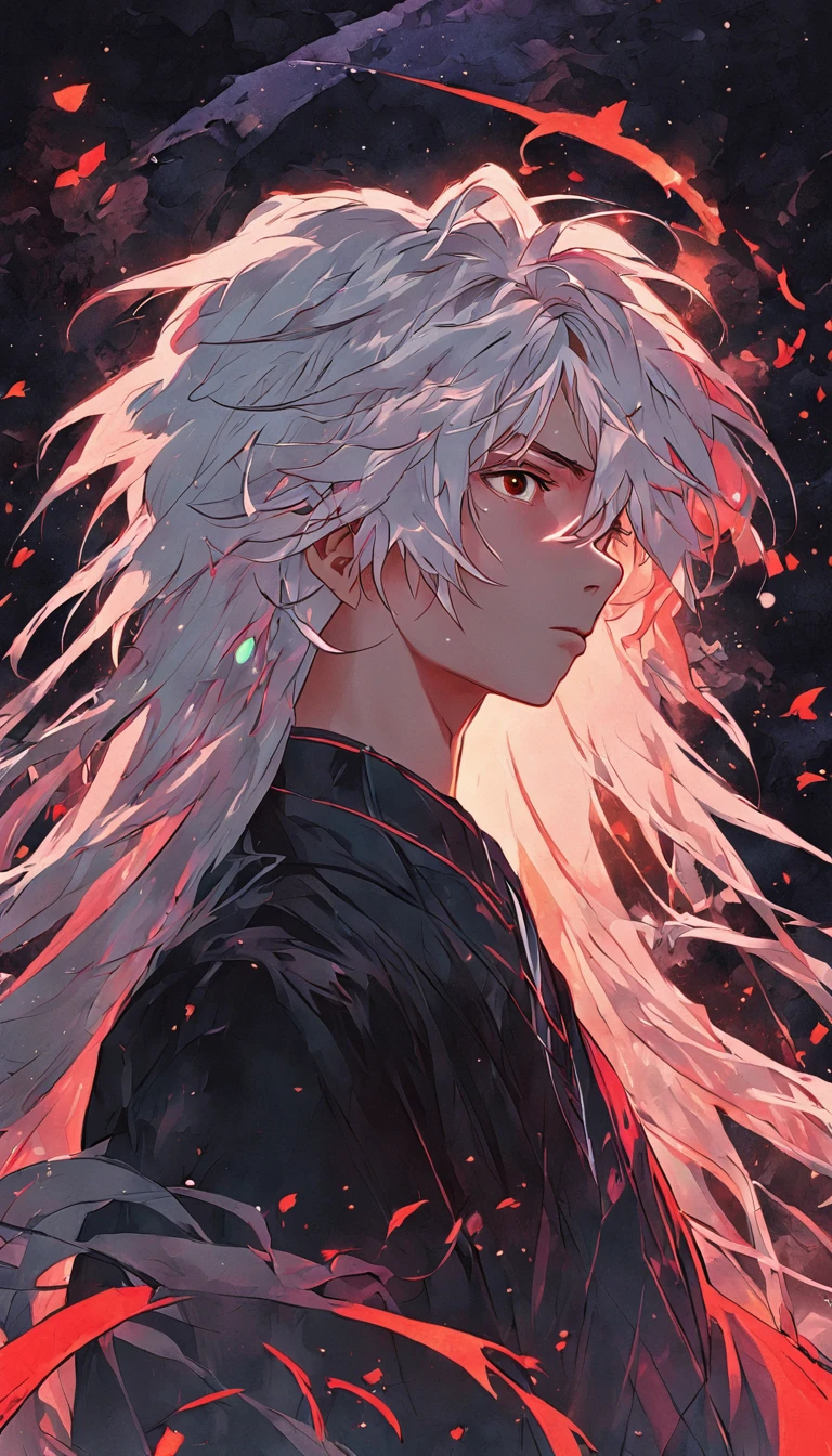 (black background:1.4),(Silhouette of a boy head, Red Eyes, colorfull long white hair, Oriental elements, in the dark),(Chinese illustration:1.3,paper art:1.3, Quilted paper art:1.2),( reasonable design, Clear lines, High sharpness,Best quality, Very detailed, Masterpiece, movie light effect, 4K )