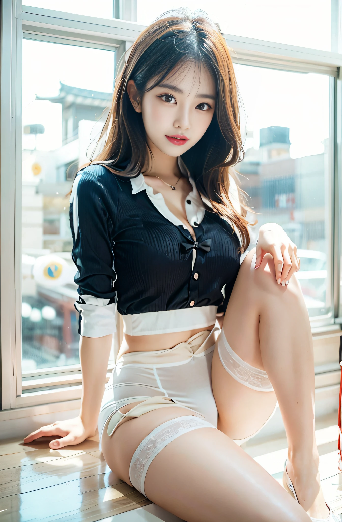 Alafe woman sitting on window sill of tight panty host, Japan person model,(((beautiful countenance))),(((big eye))),(((Beautiful eyes))),(((long lashes))),((Beautiful teeth alignment)),Korean Girl, (((huge tit))), ((cleavage of the breast)),(( nippleless)),VCharacter chest,Gorgeous young Korean woman, Engaging pose, Beautiful Asian Girl, beautiful Korean women, Korean Woman, goddess of Japan, Cute elegant pose, gorgeous chinese model, Beautiful young Korean woman, Asian Girl, Leaning against the window, Beautiful Asian Woman, Japanese Models, Sexy look