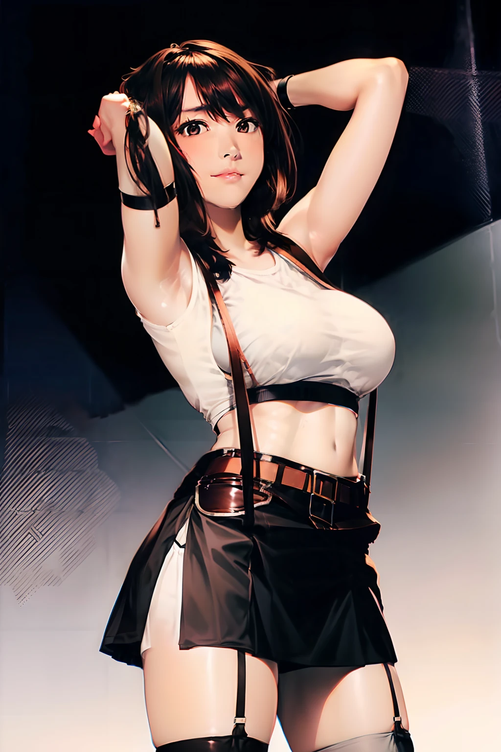 a black skirt, Tank Tops　suspenders, Brown hair short, Gray eyes, holster, Garter belt on the legs, Big breasts and tight clothes, 　　 a belt　Armpit sweat　Fold your hands behind your head　deadpan