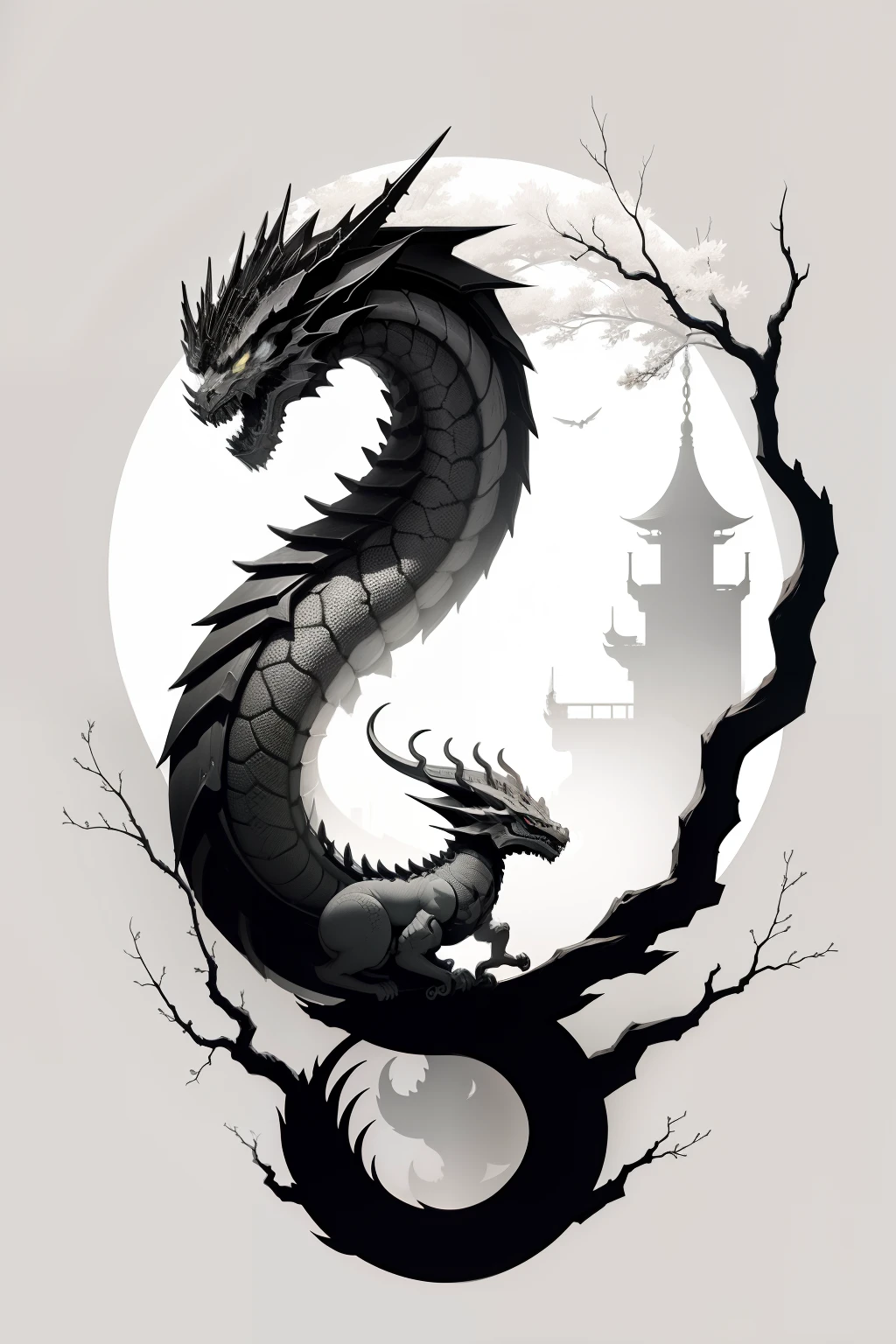 early morning、Dry branches、shenron、black-and-white、２Farbe、Logo style、a cool、without background、１bolt、Simple design