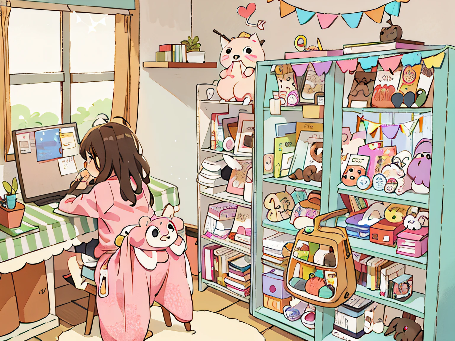 There was a girl looking at the drawing board，On the right are two bookcases full of stuffed animals, Crowded room, in her room, sitting in her room, Messy room,Soft anime illustration, clean coloring book page, The chair she sat on hung a sweatshirt, cute detailed artwork, Cute illustration Ultra HD pictures