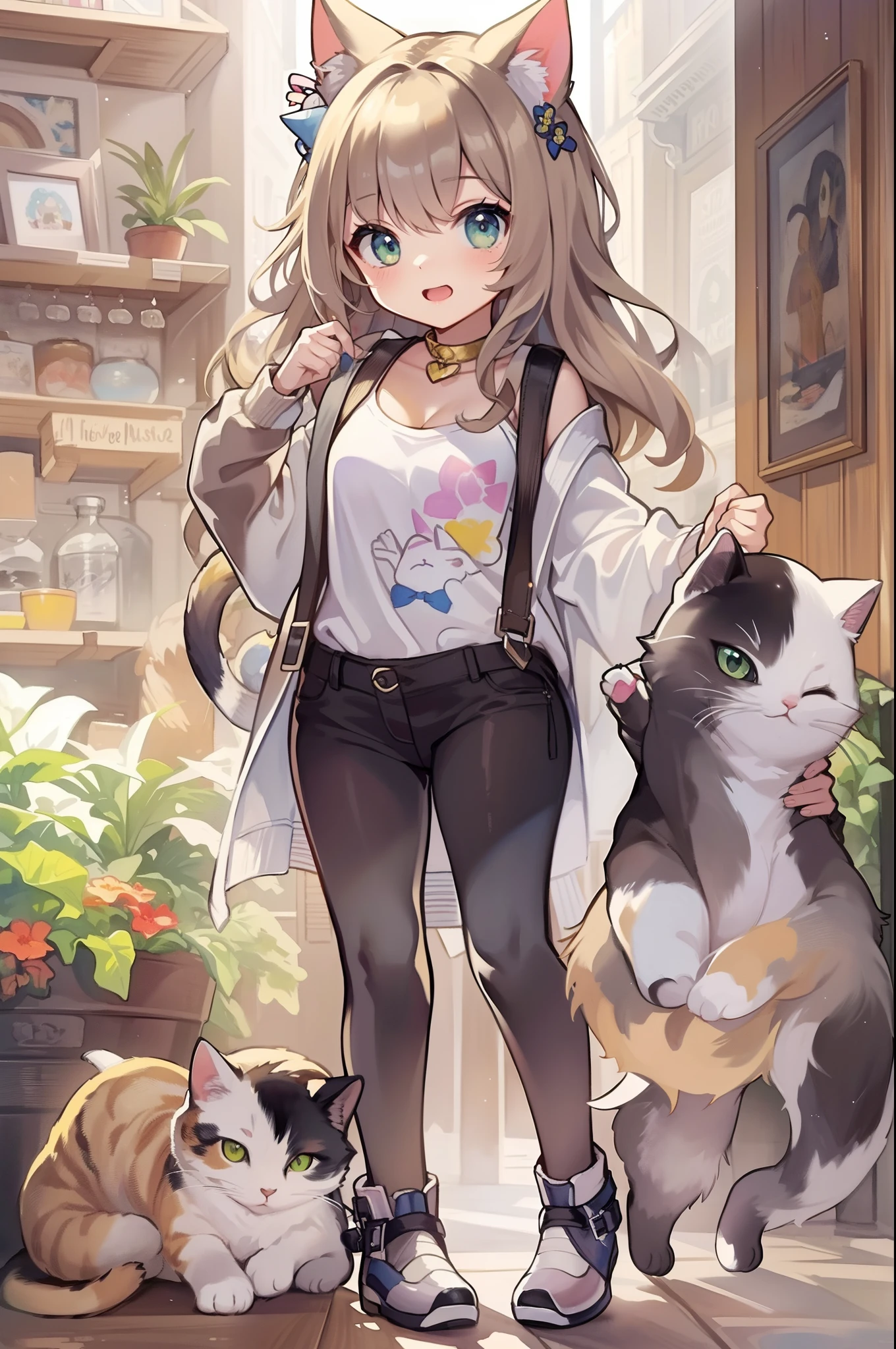 ((Awesome Backgrounds 1.5))((Best quality1.2))、((Masterpiece 1.2))、watercolor paiting、((Fashionable clothes))、((Take a cute cat 1.5))、