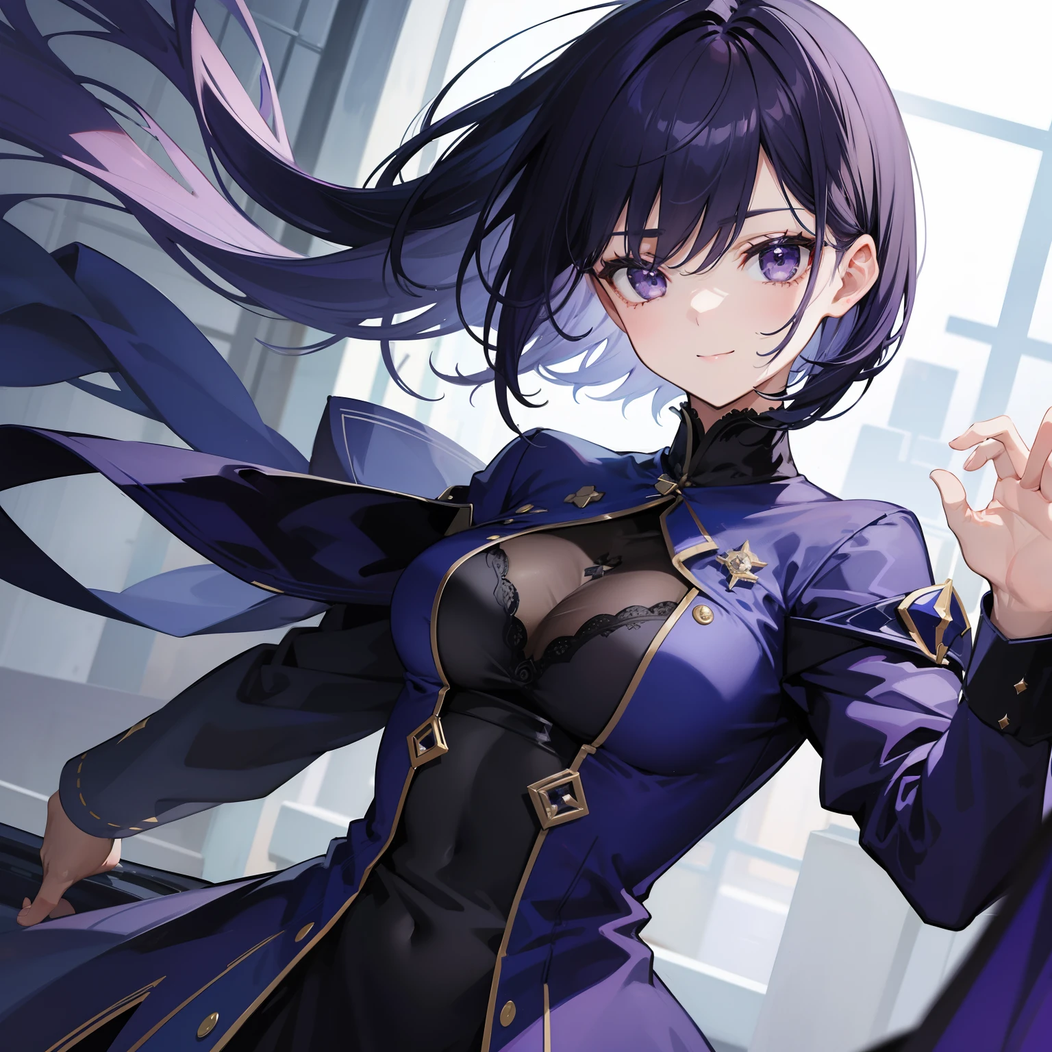 Woman, short dark blue-purple hair with gray strands, bob hairstyle, gray eyes, French royal strict suit, calm look and calm smile, many details