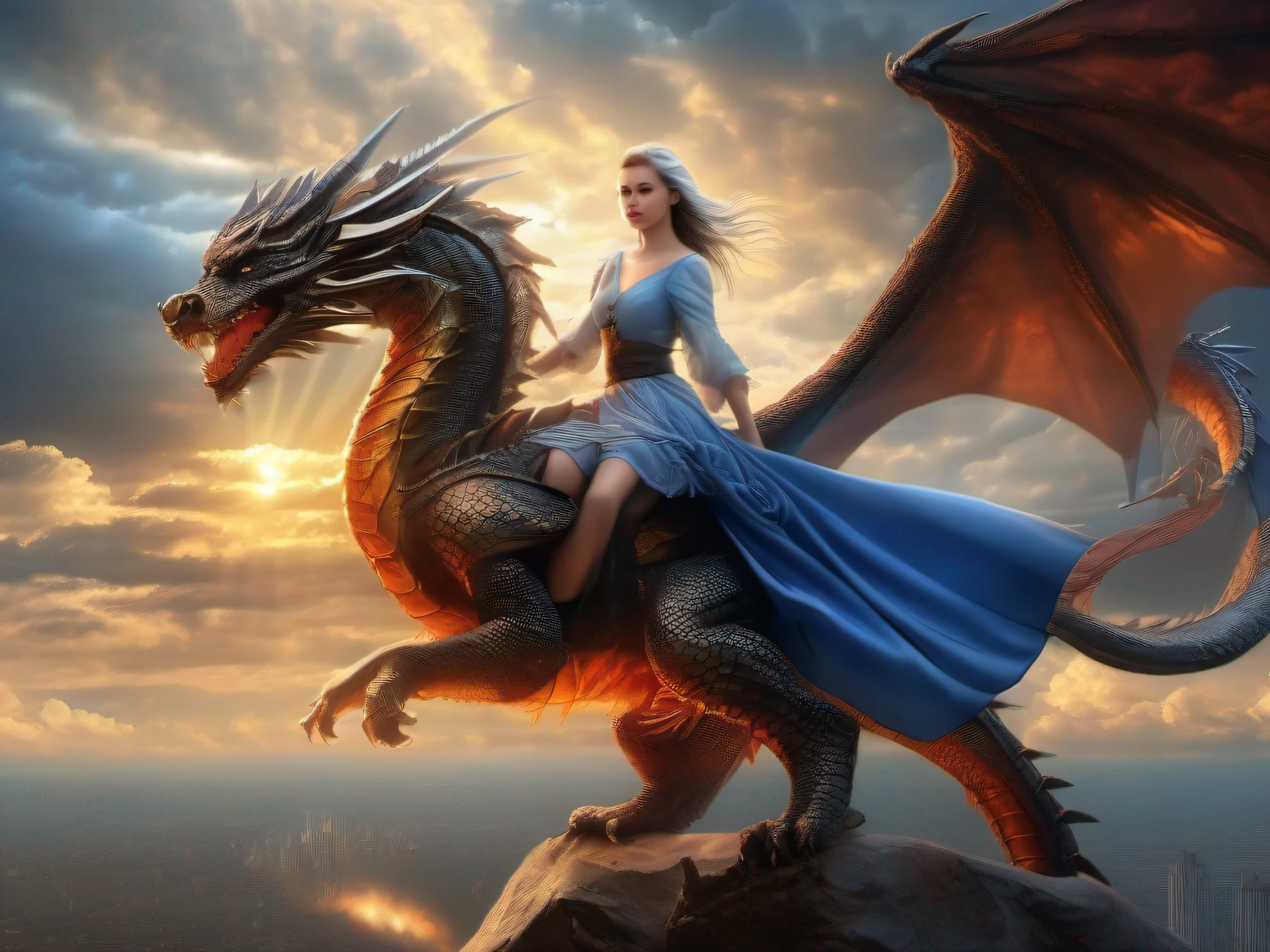 (Best Quality, Masterpiece: 1.1), (Realistic: 1.4), Beautiful girl is riding on the dragon, flying in the sky, god ray ,teen, silver short hair, blue eyes, over the castle, fractal art, fire