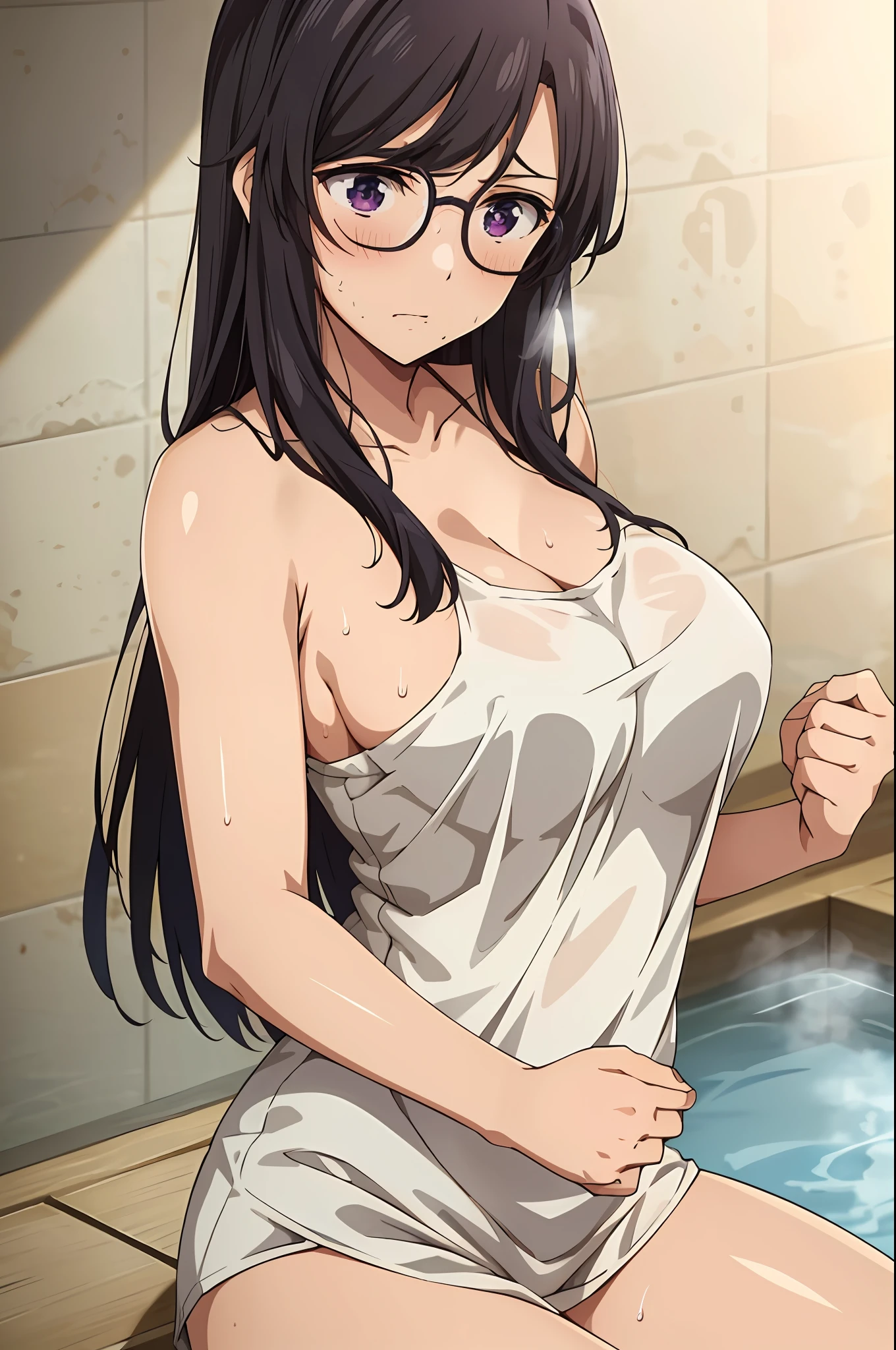 masterpiece, best quality, minakatahizuru, 1girl, long hair, beautiful, hot, medium breasts, towel naked, sweat, arms down, upper body, hot spring, blush