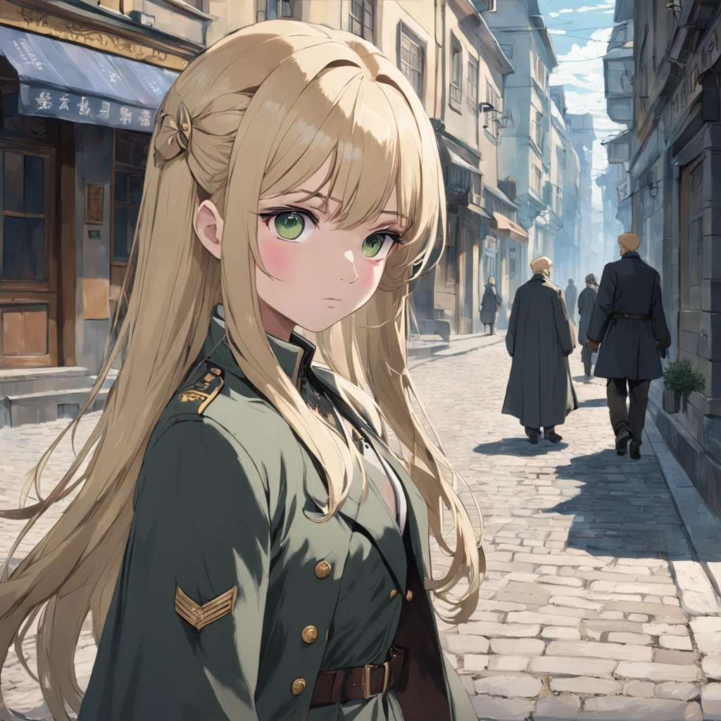 Lonely young girl, Tall stature, little chest, Slavic appearance: Green eyes; blond hair; sharp facial features; Straight nose; pronounced high cheekbones, stands upright, military uniform: gray double-breasted overcoat; gray pants, full length, max detail, Masterpiece quality, black leather gloves, in the middle of the street, Background: A street with a stone paved road with European stone houses from the first half of the 20th century, High quality shadows, High quality of light, High quality clothing.