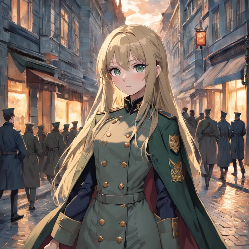 One lonely young adult girl, Tall stature, little chest, closed mouth, Slavic appearance: Green eyes; blond hair; sharp facial features; dimple on the chin; Straight nose; high nose; pronounced high cheekbones; high forehead, stands upright, wears a military uniform: Dark green double-breasted overcoat with 6 fasteners; gray pants; high black boots; black leather gloves, Standing in the middle of the street, Background in the picture: A street with a stone paved road with European stone houses from the first half of the 20th century; People in clothes of the mid-20th century, High quality shadows, High quality of light, High quality clothing, Masterpiece picture quality, max detail, Masterpiece quality, High-definition image.