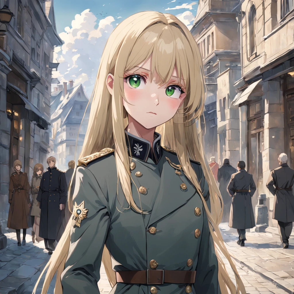 Lonely young girl, Tall stature, little chest, Slavic appearance: Green eyes; blond hair; sharp facial features; Straight nose; pronounced high cheekbones, stands upright, military uniform: gray double-breasted overcoat; gray pants, full length, max detail, Masterpiece quality, black leather gloves, in the middle of the street, Background: A street with a stone paved road with European stone houses from the first half of the 20th century, High quality shadows, High quality of light, High quality clothing.