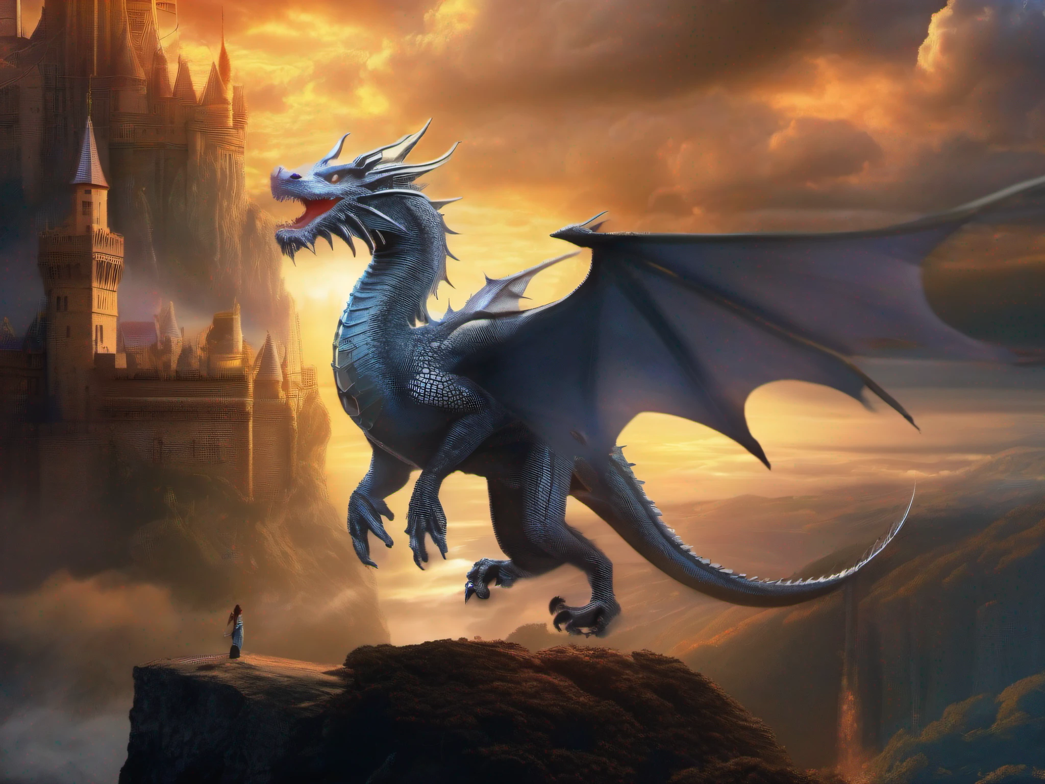 (Best Quality, Masterpiece: 1.1), (Realistic: 1.4), Beautiful girl is riding on the dragon, flying in the sky, god ray ,teen, silver short hair, blue eyes, over the castle, fractal art, fire