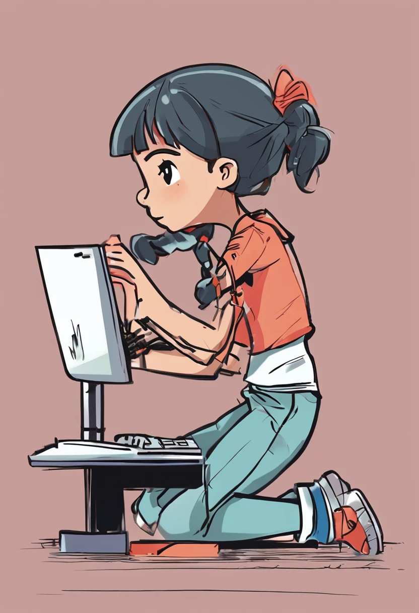 This is a computer school for elementary school students.
It's a big computer school. The classrooms are spacious and clean.
A 12-year-old girl sits at her computer.
She is learning programming.
The computer itself is a desktop type and black.
The display is a thin liquid crystal type.
The keyboard is black.
The camera angle is slightly left from the front of the girl.
The background is clean.
She is wearing a pale blue blouse for the spring season. She also wears her pants.
Her hairstyle is a bob. No special accessories.
She enjoys learning.
No sexy element required.
No boobs or exposed skin. It's a clean image.
A woman's face is a plain face. She's no beauty.