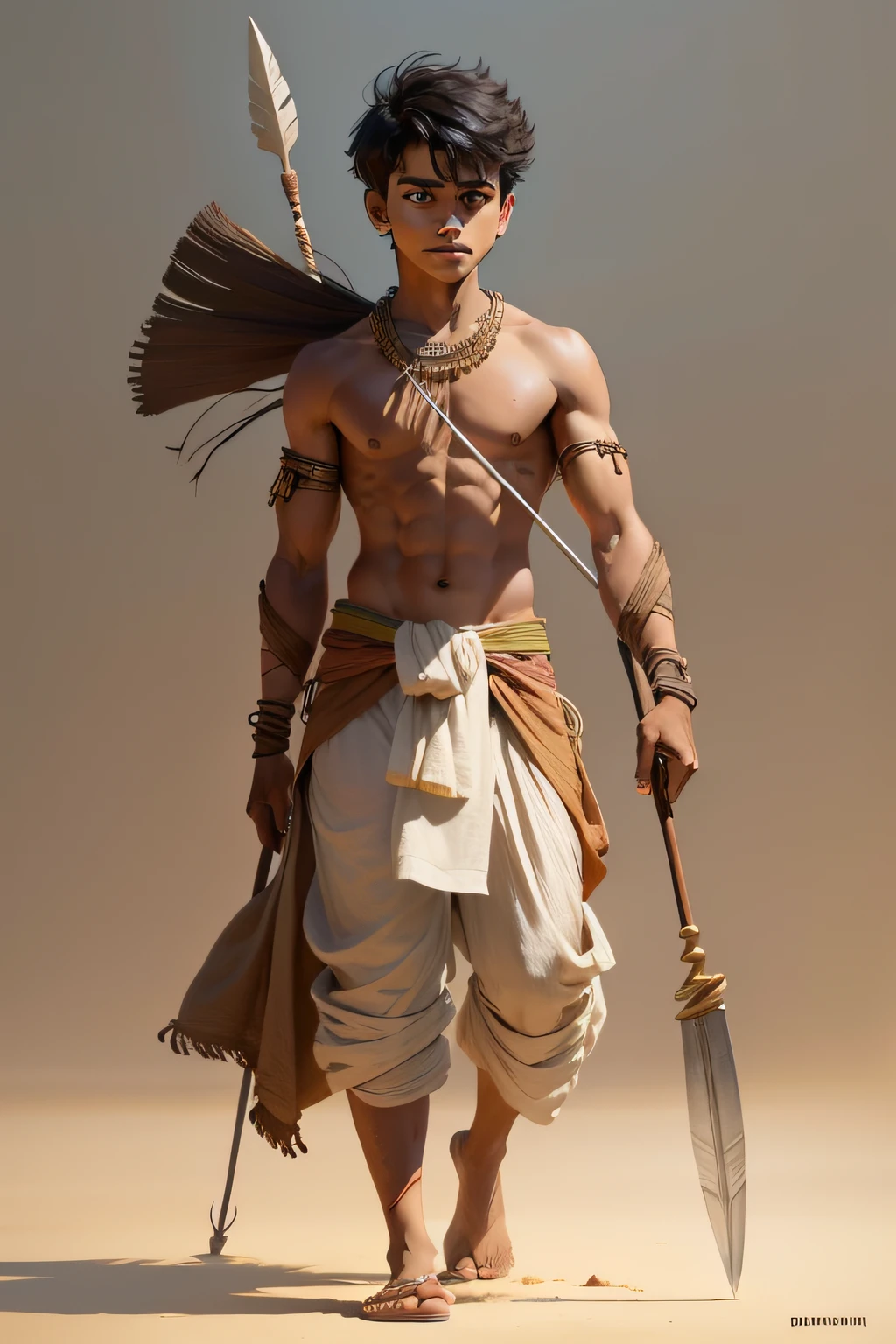 indian boy holding, hd illustration, with dhoti half-naked, wearing caveman clothes, concept art of single boy, holding a spear, walking boy,  holding the spear, holding a spear, holding a thick staff, archer boy, holding a staff, realistic image make different height and body size and style