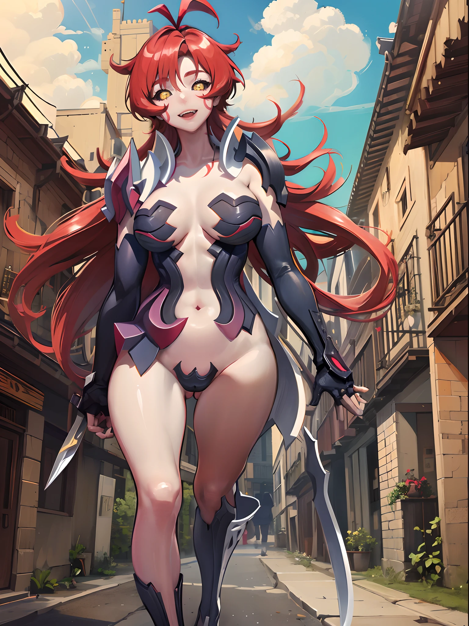 witch blade, long hair, red hair, yellow eyes, colored sclera, black sclera, bikini armor,amaha masane, walking, smile, medieval village, flipflops