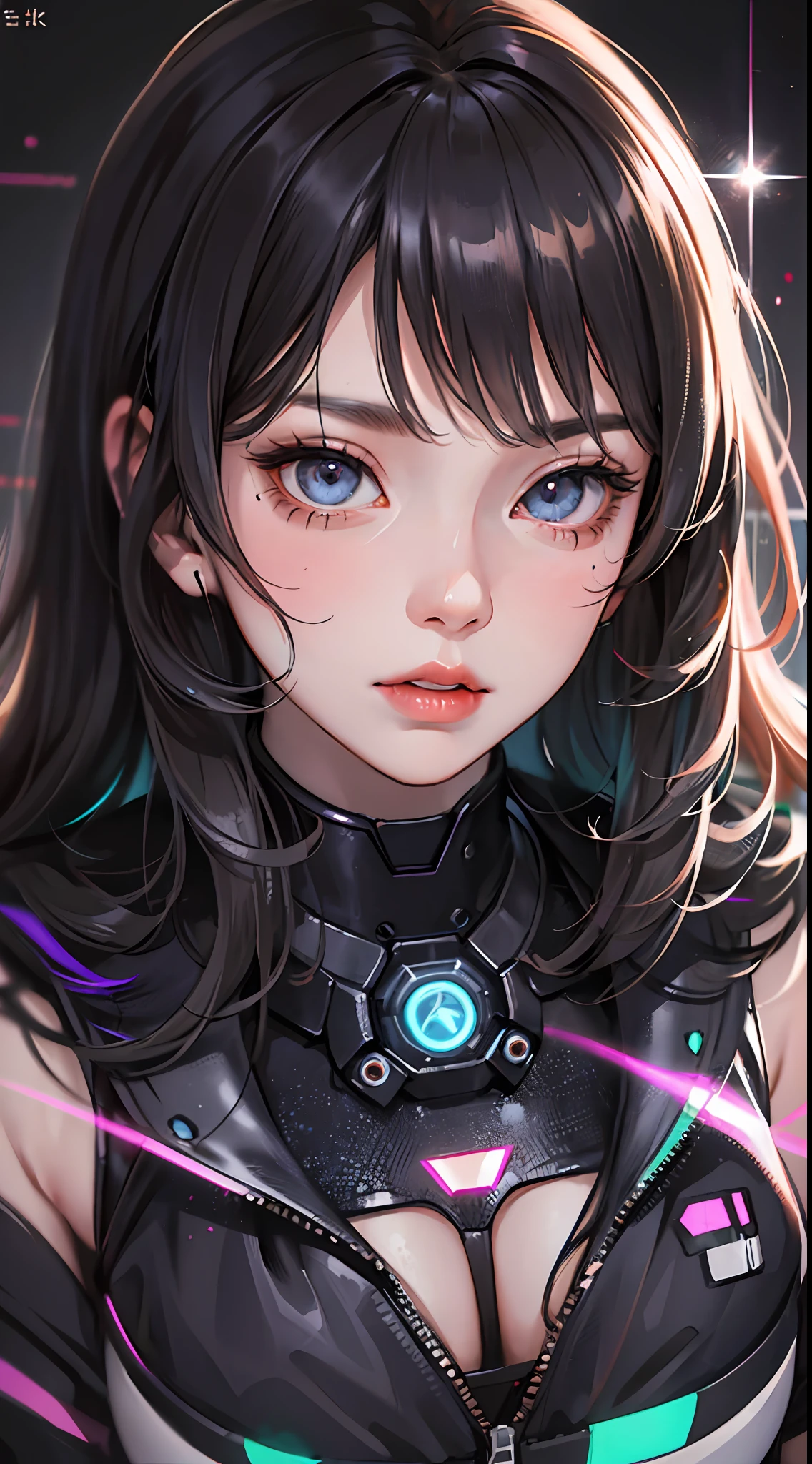 (1girl)、(Plump beauty)、(30-years old)、(Top image quality)、(8K picture quality)、(cyberpunked)、(masutepiece)、 (Flickering of light)、(Wear a cyberpunk military uniform)、cinematric light, Cinema Shadow, Sharp Image, Extremely detailed, Volumetric, Bright sprites, particles effect, beautiful effects, Vivid colors, neons, Neon light, Highly detailed image textures, detailed hairs, Detailed face, Detailed eyes, Full body photo, city、Dark hair、Eyes glow、Sparkling red aura、Photo from the knee up、Legion of Machines、