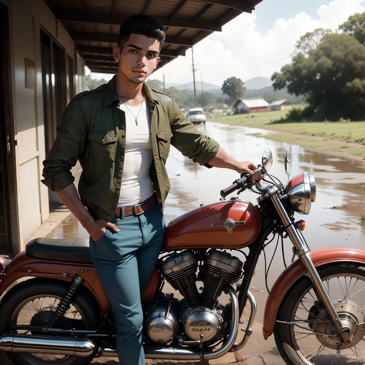 Old photograph from the year 1968 of a thin 22-year-old Latino man wearing a 1960s-style shirt and pants posing next to his motorcycle on a muddy rural road in the interior of the state of São Paulo.