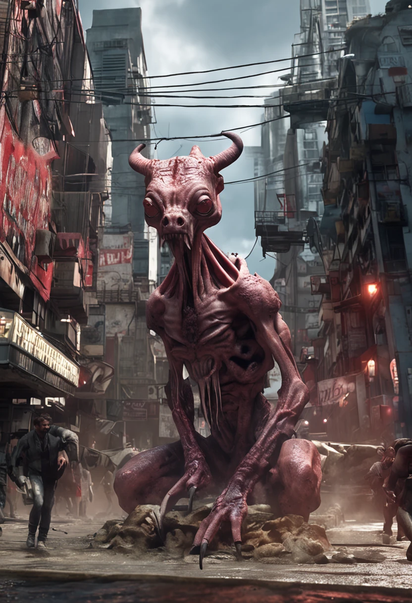 Cinematic texture，Invading aliens，cow head，uncanny， tentaculata，Blood，Full body like，combats，The city was destroyed，of a real，Facial features are carefully depicted，Realistic skin texture，Dark style，depth of fields，high light，Real light，Ray traching，oc rendered，Hyper-realistic，best qualtiy，8K，Works of masters，super-fine，Detailed pubic hair，Correct anatomy，sharp focus on eyes，Bokeh，Facial features are carefully depicted