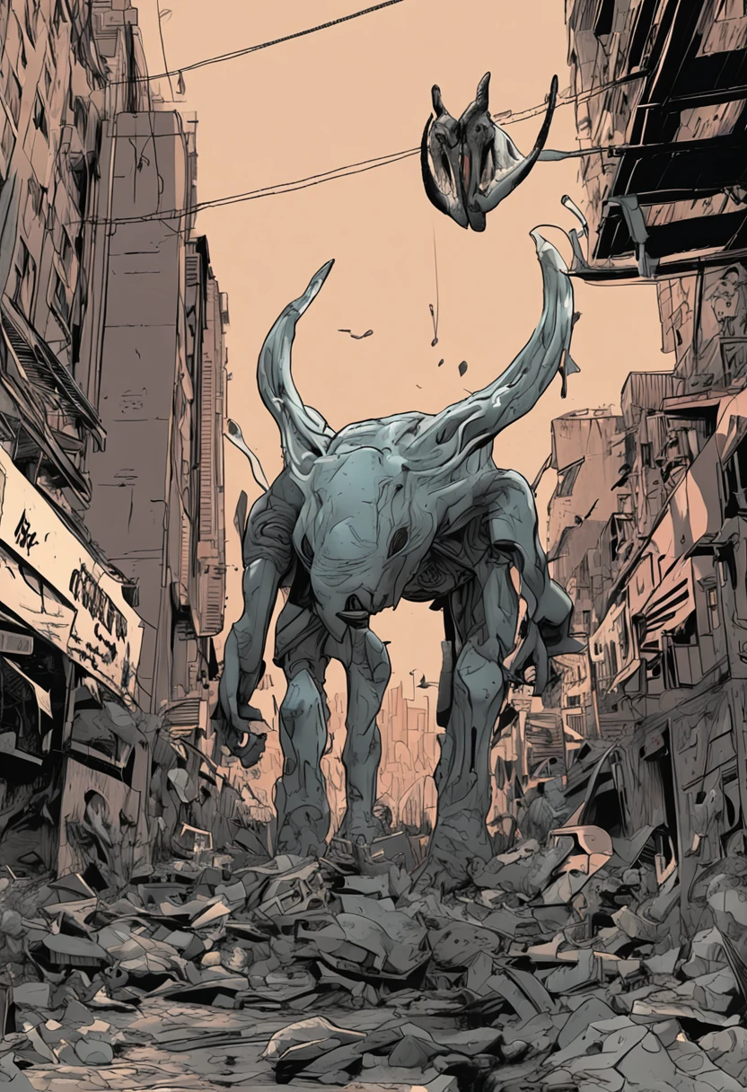 Cinematic texture，Invading aliens，cow head，uncanny， tentaculata，Blood，Full body like，combats，The city was destroyed，of a real，Facial features are carefully depicted，Realistic skin texture，Dark style，depth of fields，high light，Real light，Ray traching，oc rendered，Hyper-realistic，best qualtiy，8K，Works of masters，super-fine，Detailed pubic hair，Correct anatomy，sharp focus on eyes，Bokeh，Facial features are carefully depicted