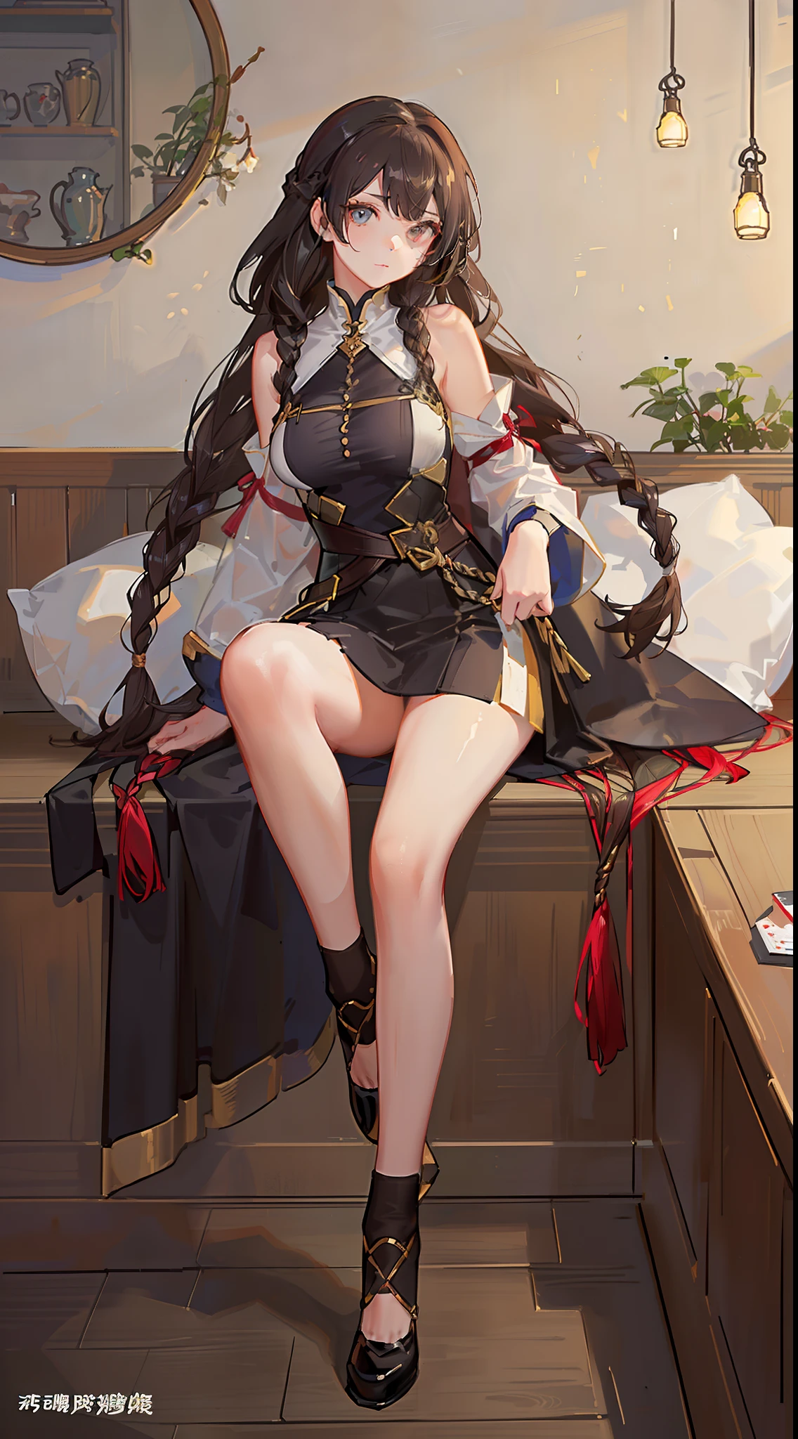 Striped hair,Light brown hair,Low double braid hair with hair basket,covering eyes,contemplative,Character table statistics,hyper HD,Masterpiece-level accuracy,super detailing,A high resolution,1080p,8K分辨率,16K textured skin,A girl,full bodyesbian,laser