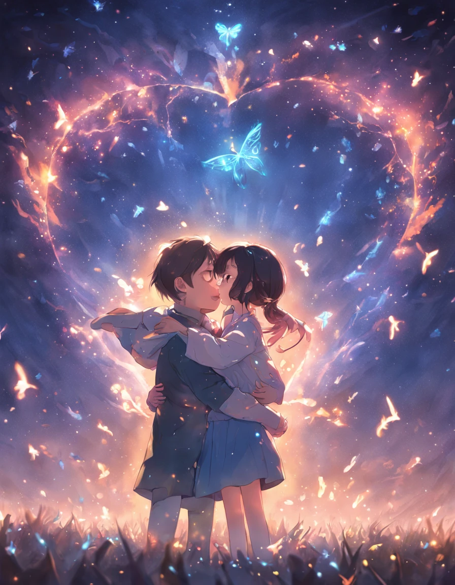 the night,烟花🎇漫天,Colored heart-shaped bubbles,Chubby cute little girl and little boy hugging each other,Glowing fireflies flew around🌟,KIDS ILLUSTRATION,Glow effects,Dingdall effect,depth of fields,high light,Real light,Ray traching,oc rendered,Hyper-realistic,best qualtiy,8K分辨率,Works of masters,super-fine,Detailed anatomy of the human body,Clear and focused eyes,Facial features are carefully depicted