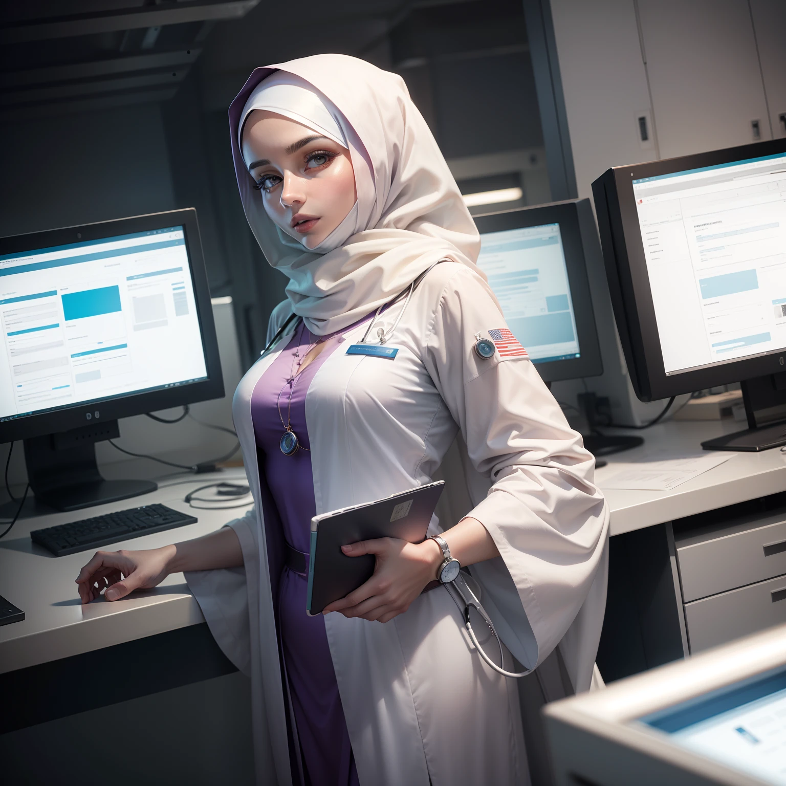 Docteur woman wearing hijab wearing full caftan médical full outfit in médical lab environnement hyper realistic super detailed