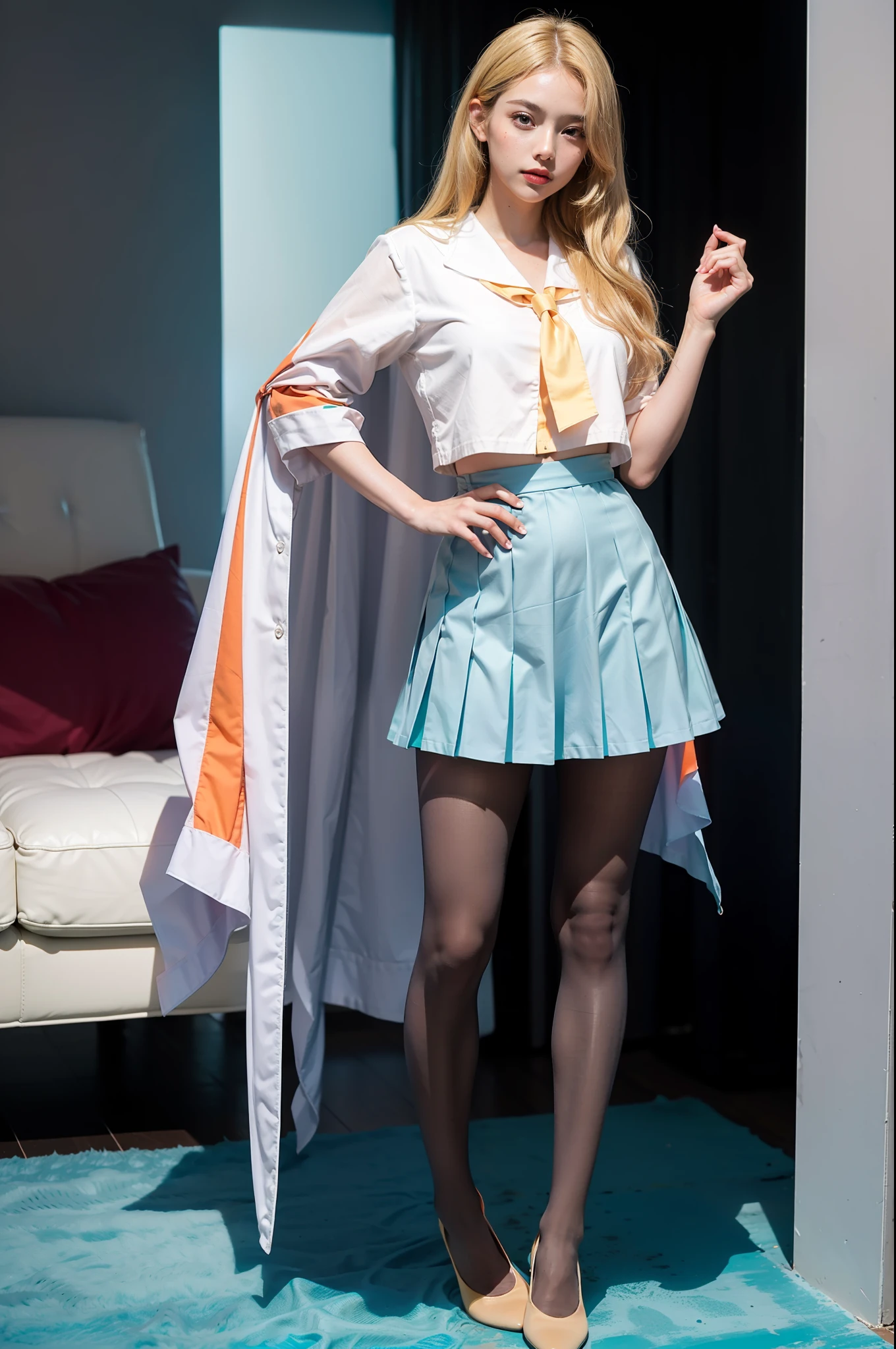 (full body:2),(1girl:1.3),(view the viewer:1.4),(anatomy correct:1.4),(pantyhose and pointed thick heels :1.3),(Dancing in the living room:1.2),(sailor suit and High waisted pleated skirt:1.3),(Extra Long blonde Hair:1.2),(Accurate and perfect face:1.3),(Long legs and big feet:1.3),((Polished clothing):1.2),((Skin reflection , Skin Gloss):1.2),((purplish color | blue colors | in pink | greys |white colors |black in color | orange colors | green color | cyan colors | golden colors | khaki | Salmon colors):1.1),hyper HD, Ray traching, reflective light, structurally correct, Award-Awarded, high detail, lighten shade contrast, Face lighting ,cinematic lighting, masterpiece, super detailing, high quality, high detail, best quality, 16k,High contrast,
