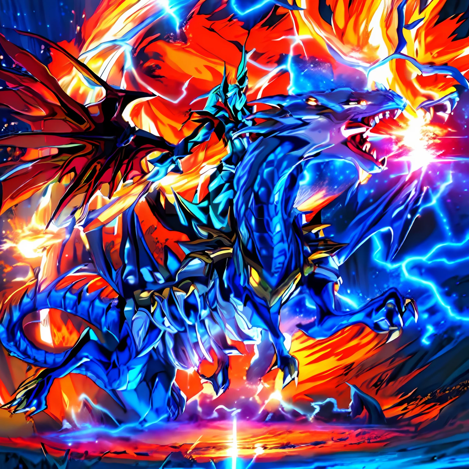 Max Quality, 4k, definition, A close-up of a blue dragon with lightning in the background, con un jinete sobre el lomo, Ilustraciones de Yugioh, blue eyes white dragon, Slifer the dragon of the sky, colossal dragon as background, Colossal dragon in the background, Estilo de arte Yugioh, Crystal Dragon, Estilo Yugioh, Charging through a dragon den, Lightning Dragon Attack, Dragon Storm, Yugioh, epic dragon, color azul