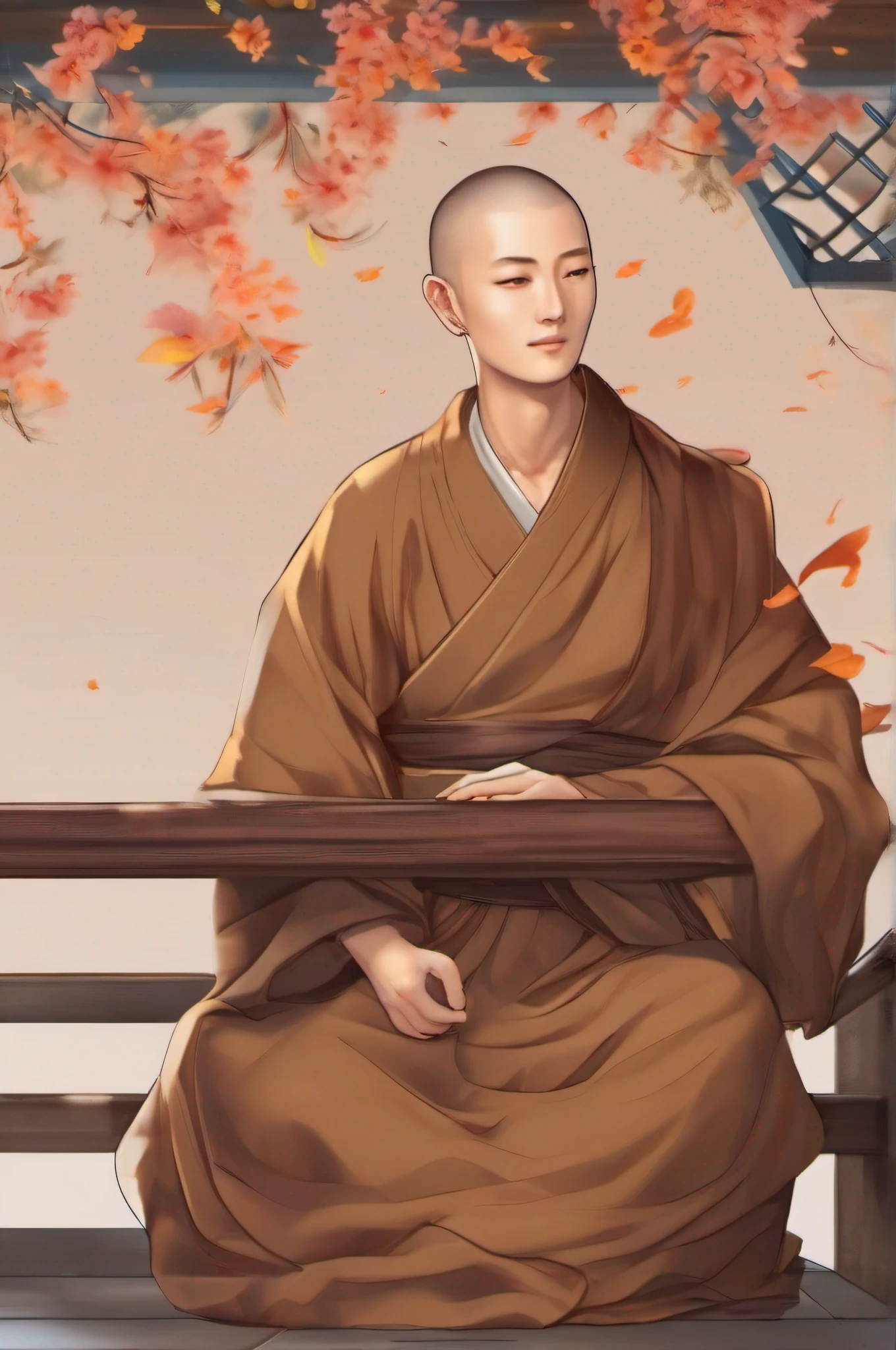 The little monk wore a loose brown monk's robe,The pleats flutter in the breeze。Behind him is a solid color background,4K、电影灯光、It exudes an air of peace and tranquility,With a smile,The eyes are gentle and bright。He stood there quietly,It seems to be at one with nature,Exudes a peaceful spirituality,Look ahead。