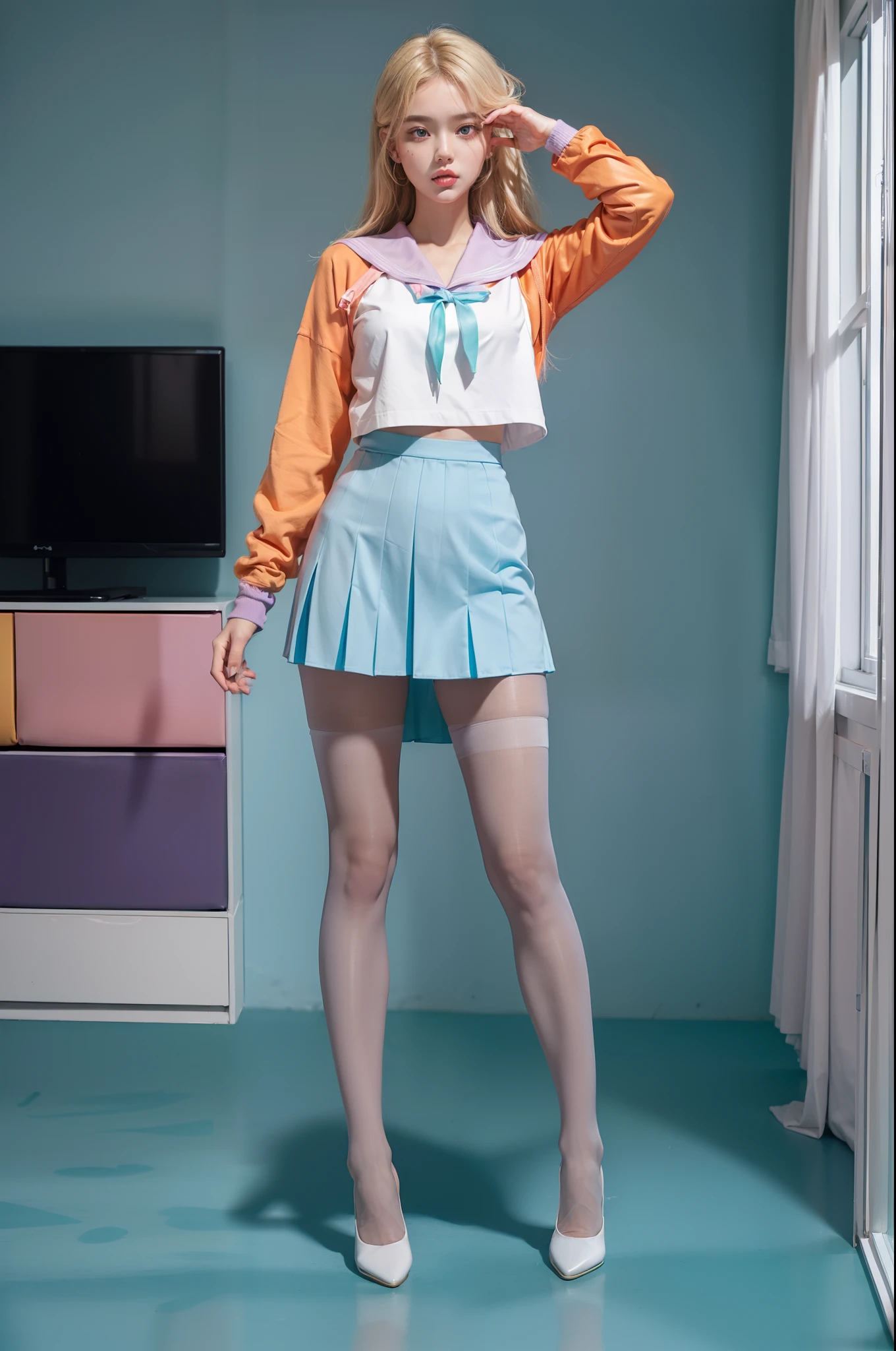 (full body:2),(1girl:1.3),(view the viewer:1.4),(anatomy correct:1.4),(pantyhose and pointed thick heels :1.3),(Dancing in the living room:1.2),(sailor suit and High waisted pleated skirt:1.3),(Extra Long blonde Hair:1.2),(Accurate and perfect face:1.3),(Long legs and big feet:1.3),((Polished clothing):1.2),((Skin reflection , Skin Gloss):1.2),((purplish color | blue colors | in pink | greys |white colors |black in color | orange colors | green color | cyan colors | golden colors | khaki | Salmon colors):1.1),hyper HD, Ray traching, reflective light, structurally correct, Award-Awarded, high detail, lighten shade contrast, Face lighting ,cinematic lighting, masterpiece, super detailing, high quality, high detail, best quality, 16k,High contrast,