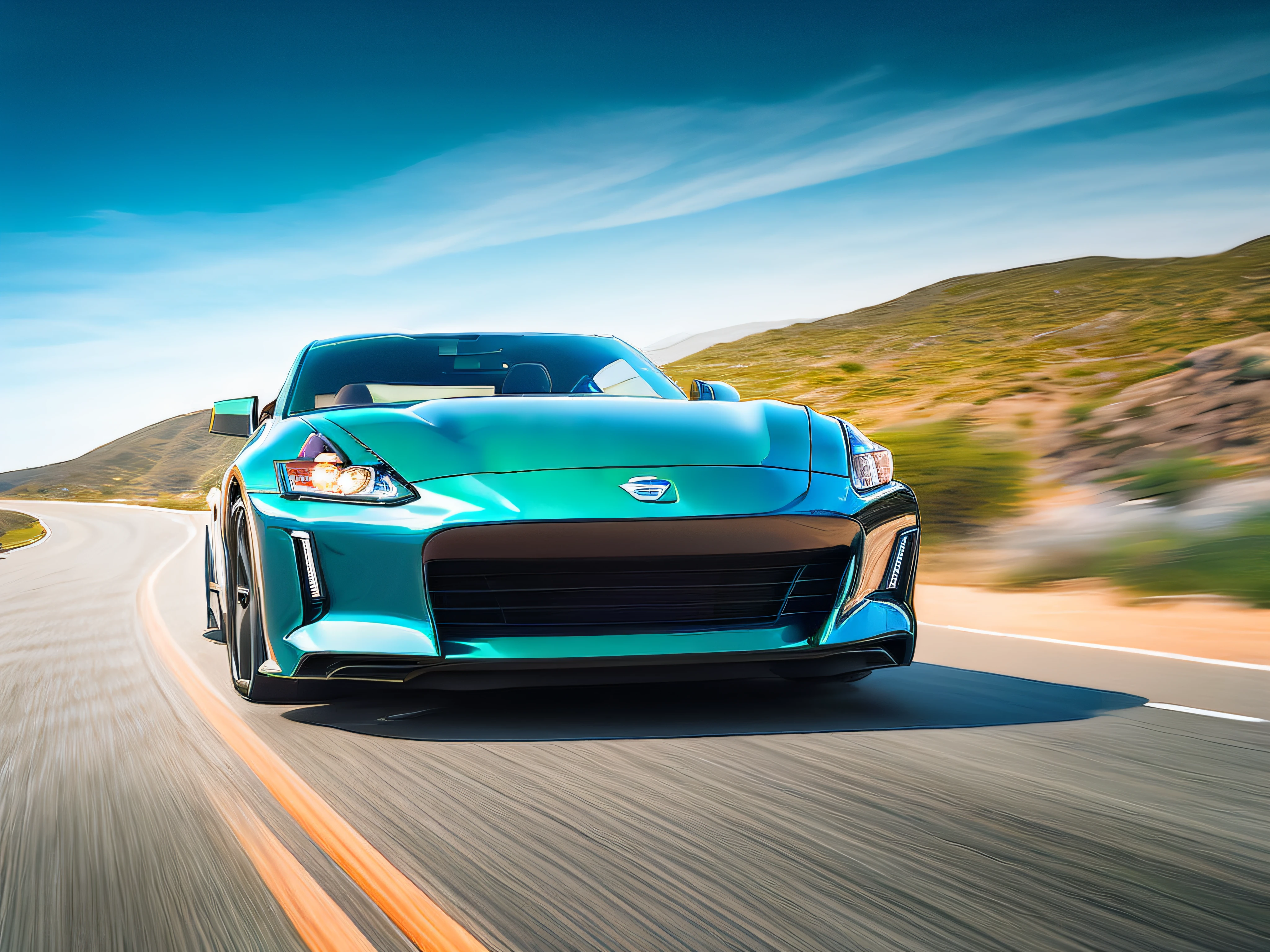 Turquoise Nissan Fairlady Z galloping along the coastal highway, Blue sky, Motion Blur, Ultra-high resolution, Highly detailed and accurate representation, Vivid colors, Midsummer sunshine,