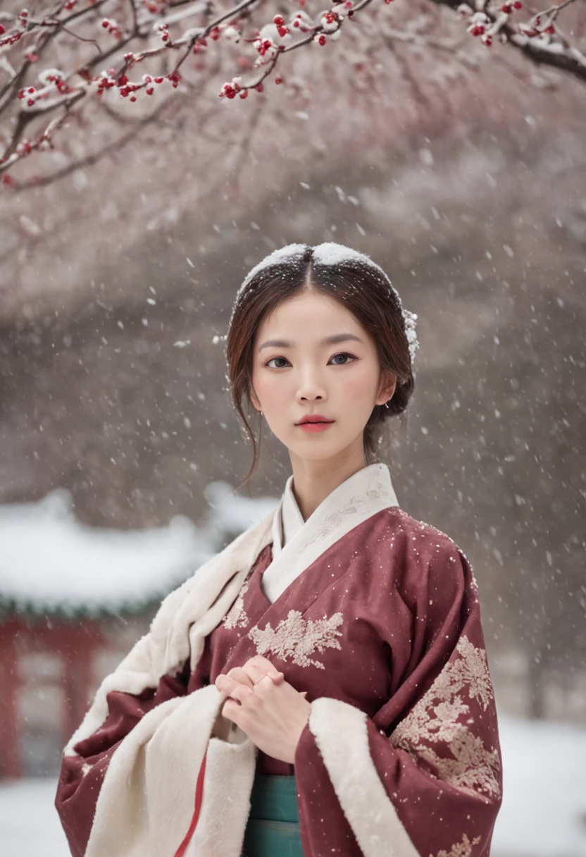 （Blurred foreground：It was snowing heavily：1.8，），（It rained in plum blossoms：1.6），（Chinese Song Dynasty beauty dancing in skirt），（anatomy correct，Korean star face，The hands and face are very delicate and clear），（Stand in the middle of a quaint courtyard，Plum tree，Chinese elements，Winter clothing），（wide angles，Ultra HD details，Masterpiece, hyper HD, Super detail, High details, Best quality, A high resolution,  Award-Awarded, 8K），（Chinese premium color scheme，电影灯光）