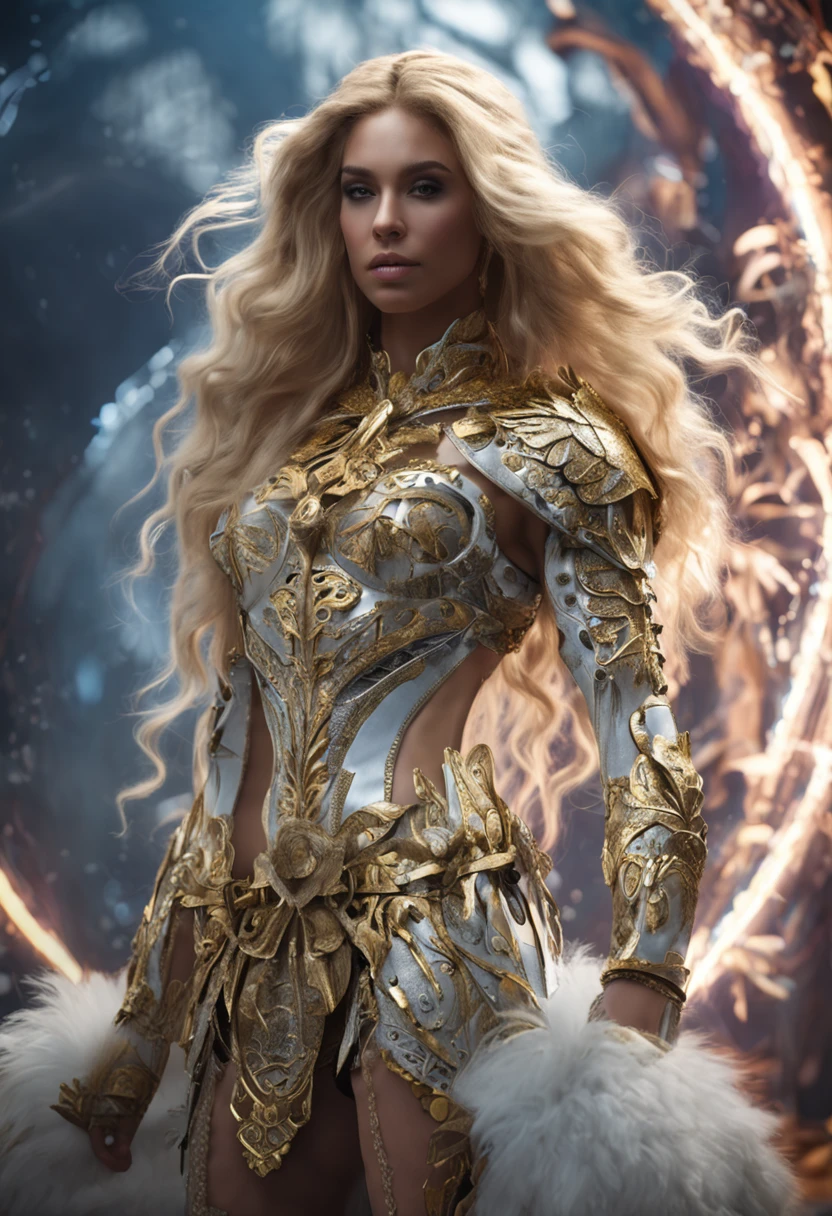 on your body,((intricate details)), hdr, Dramatic type,magic, long blonde hair, armor covering parts of your body in white and gold details, black forest background, magic, fairies, and neon yellow butterflies