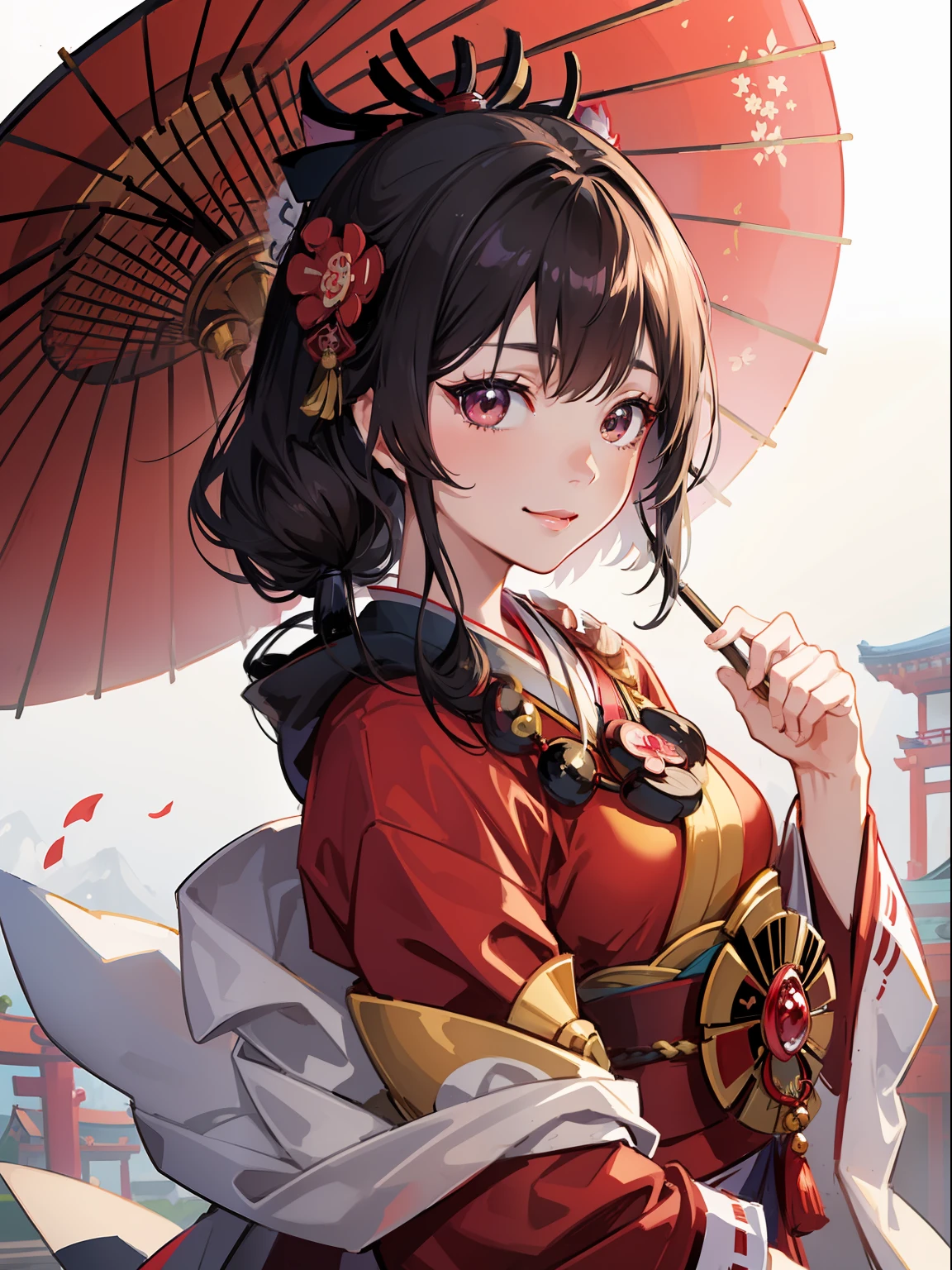 masutepiece, High resolution, 8K, Delicate and detailed writing 、Detailed digital illustration、Aristocratic clothing、a very beautiful woman、Eyes are double, Big and cute,、Bust is D cup、High image quality, High quality、Detailed background、I'm wearing a hair ornament.、Glittering background、The inside of the eye shines like a diamond、4 fingers, 1 thumb、Detailed female face、Smile、Very beautiful and cute woman、Japan Maiko、A dark-haired、A smile、Holding a red umbrella、Beautiful and detailed Kyoto cityscape、You can see the temple in the distance、Hair is bunched、Showa hairstyle、Maiko、No exposure、Wearing a beautiful kimono with great detail、(((Maiko)))、(((geisha)))、Very realistic and detailed background