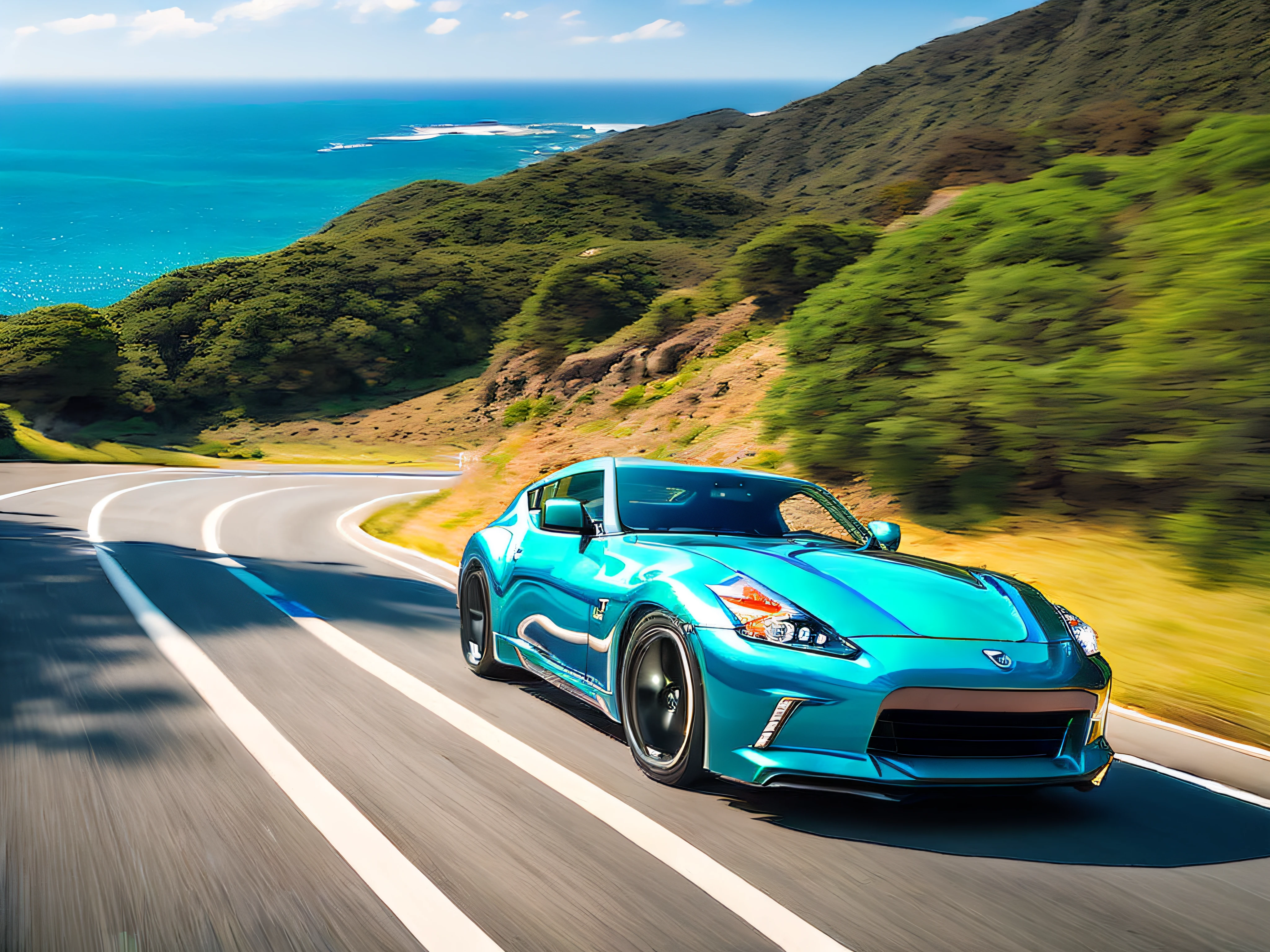 Turquoise Nissan Fairlady Z galloping along the coastal highway, Blue sky, Motion Blur, Ultra-high resolution, Highly detailed and accurate representation, Vivid colors, Midsummer sunshine,